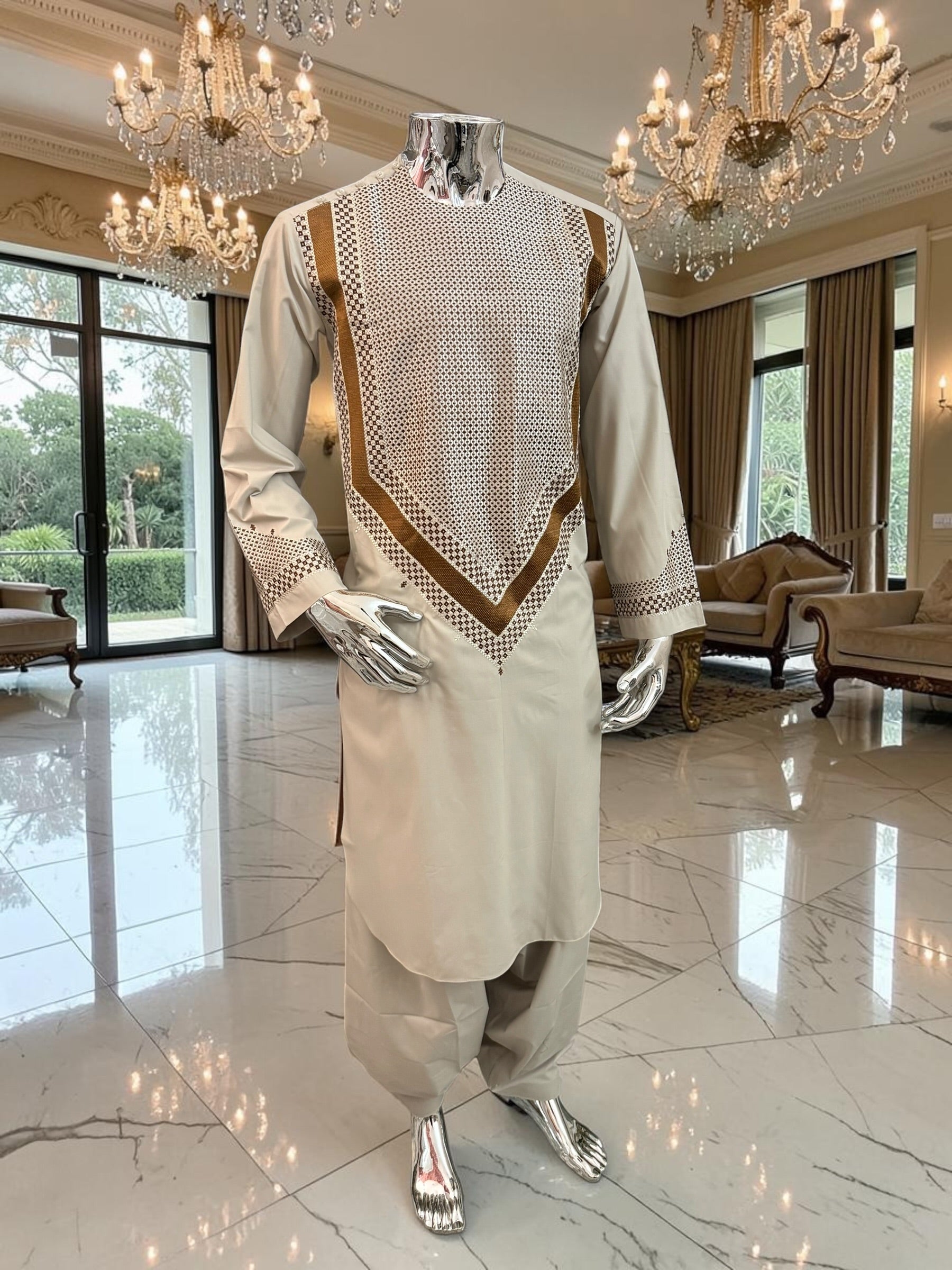 Medium Men’s Cream Parahan Tunban with Premium Machine Embroidery