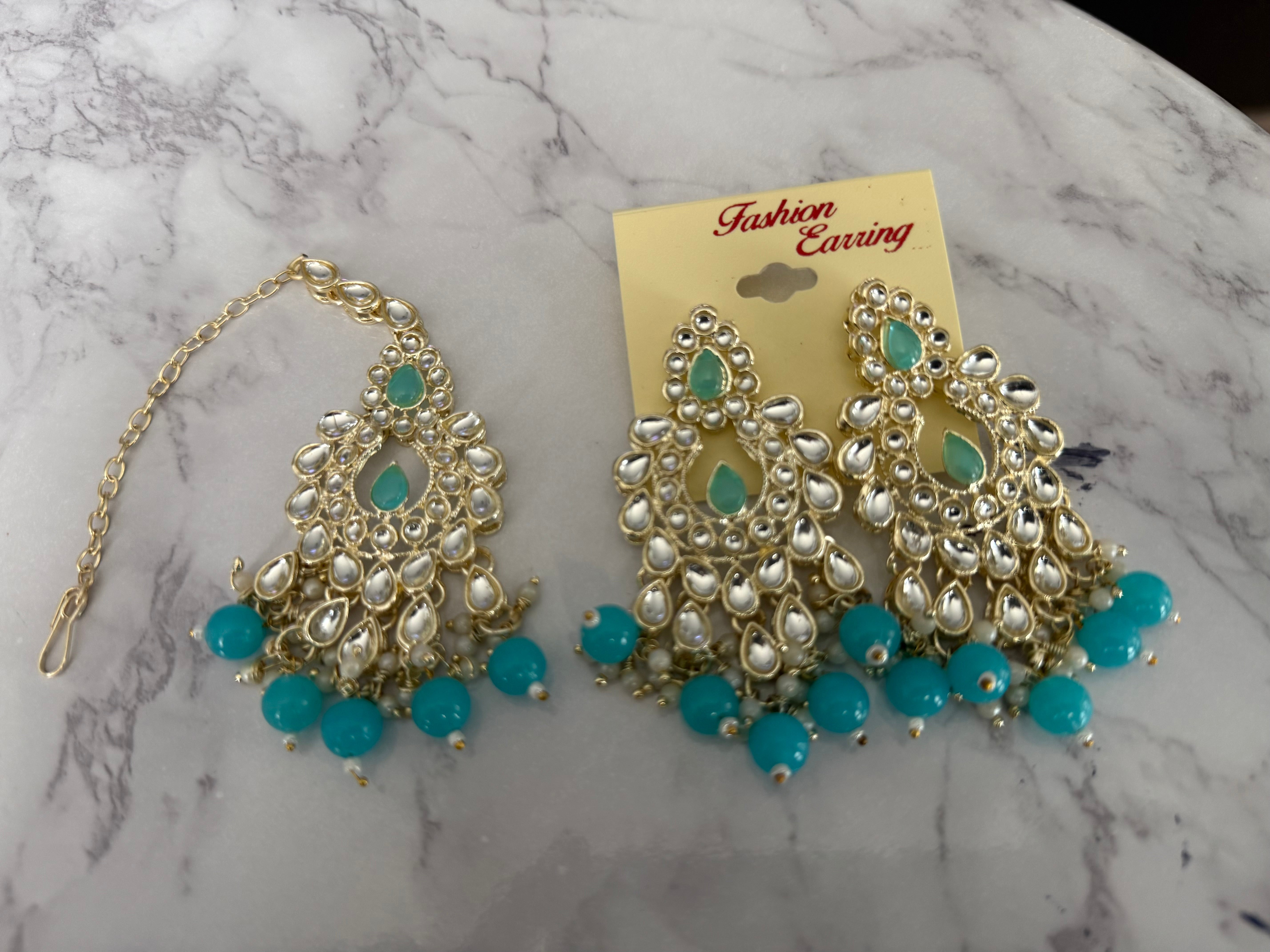 Luxury Silver Tone Kundan Choker Necklace Set with Earrings & Maang Tikka – Turquoise Blue Bridal Jewelry for Indian, Pakistani & Afghan Women 025