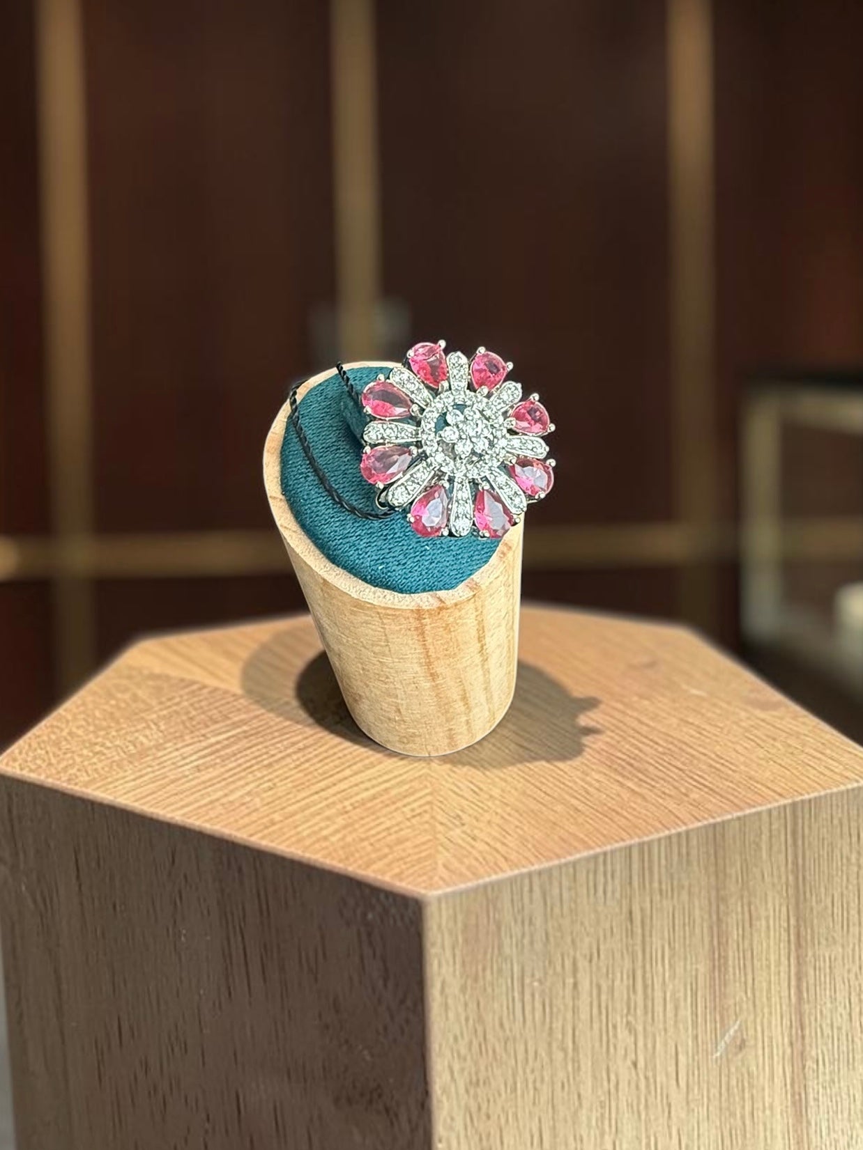 American Diamond Floral Statement Ring – Adjustable Pear-Cut Crystal Cocktail Ring, 5 Colors, Gift Box Included