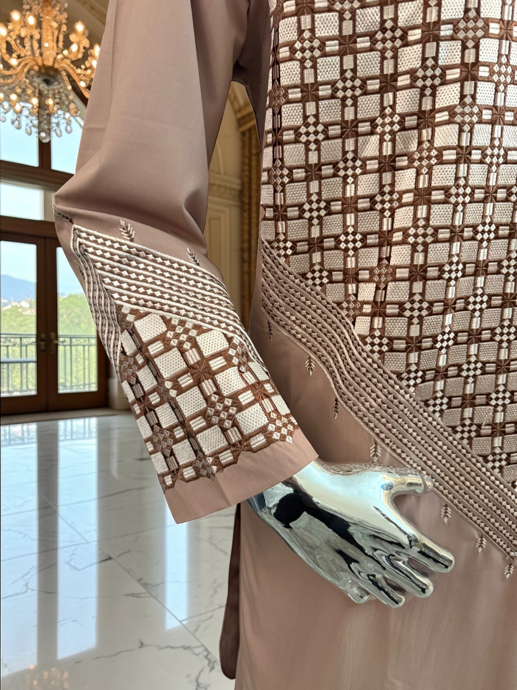 Small Men’s Tan Parahan Tumban with White & Tan Embroidery Afghan Kameese shalwar