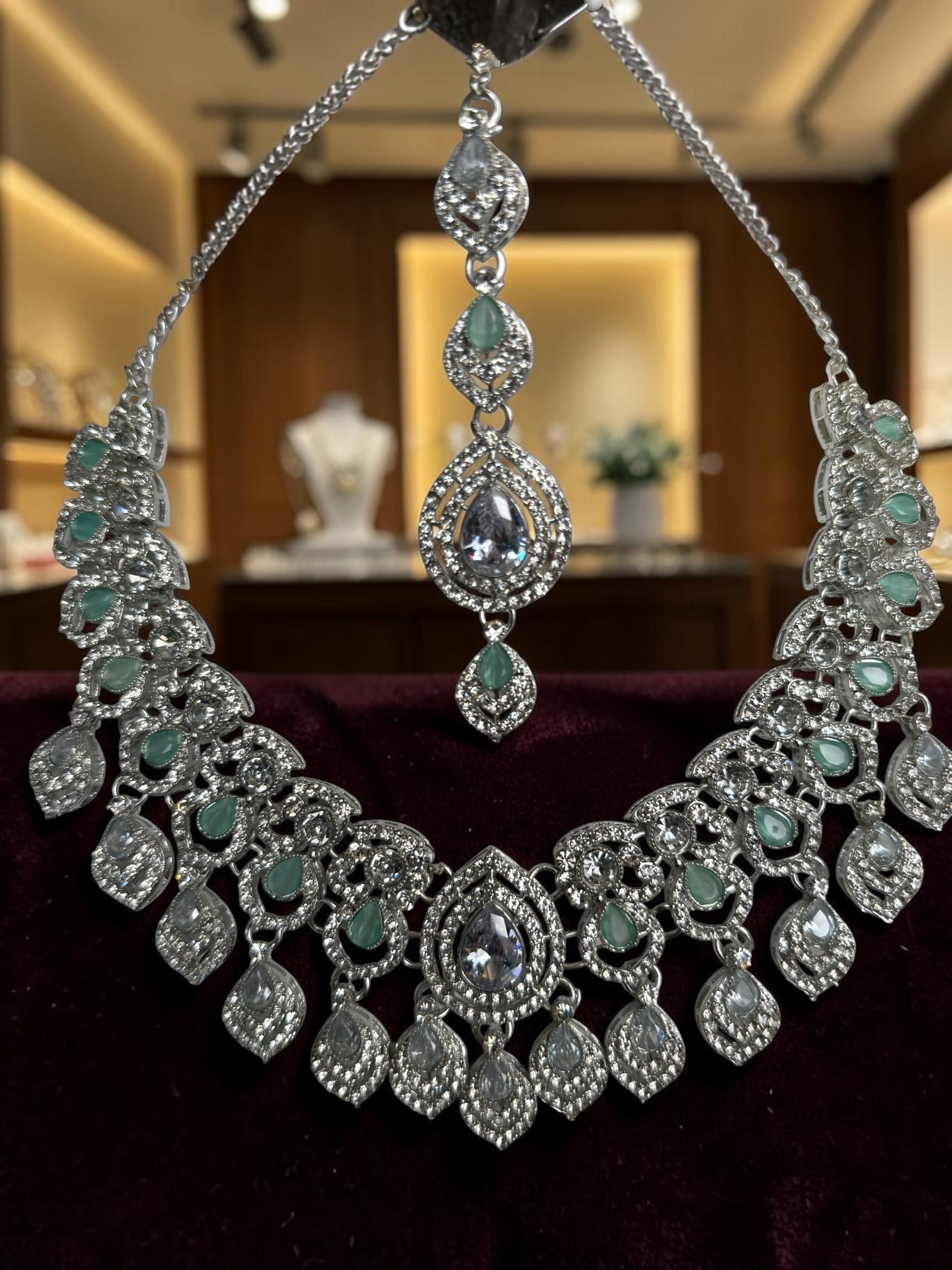 Silver Tone Mint Green Bridal Jewelry Set with Clear Crystal Accents – Necklace, Earrings & Maang Tikka | Indian Pakistani Afghan Wedding Jewelry | Gift Box Included 6027