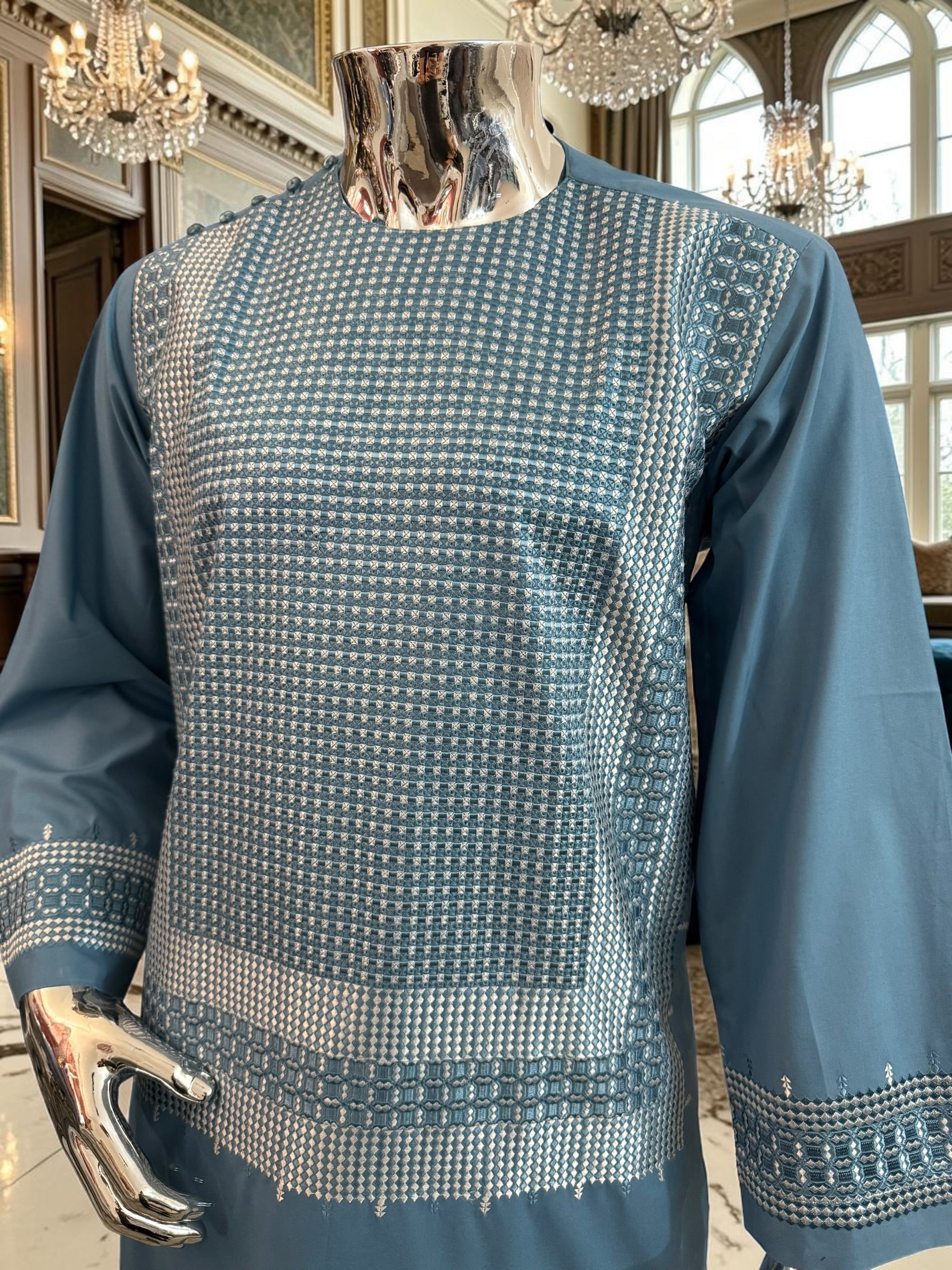 Medium Steel Blue Embroidered Men’s Parahan Tunban Yakhandozi – Premium Traditional Suit