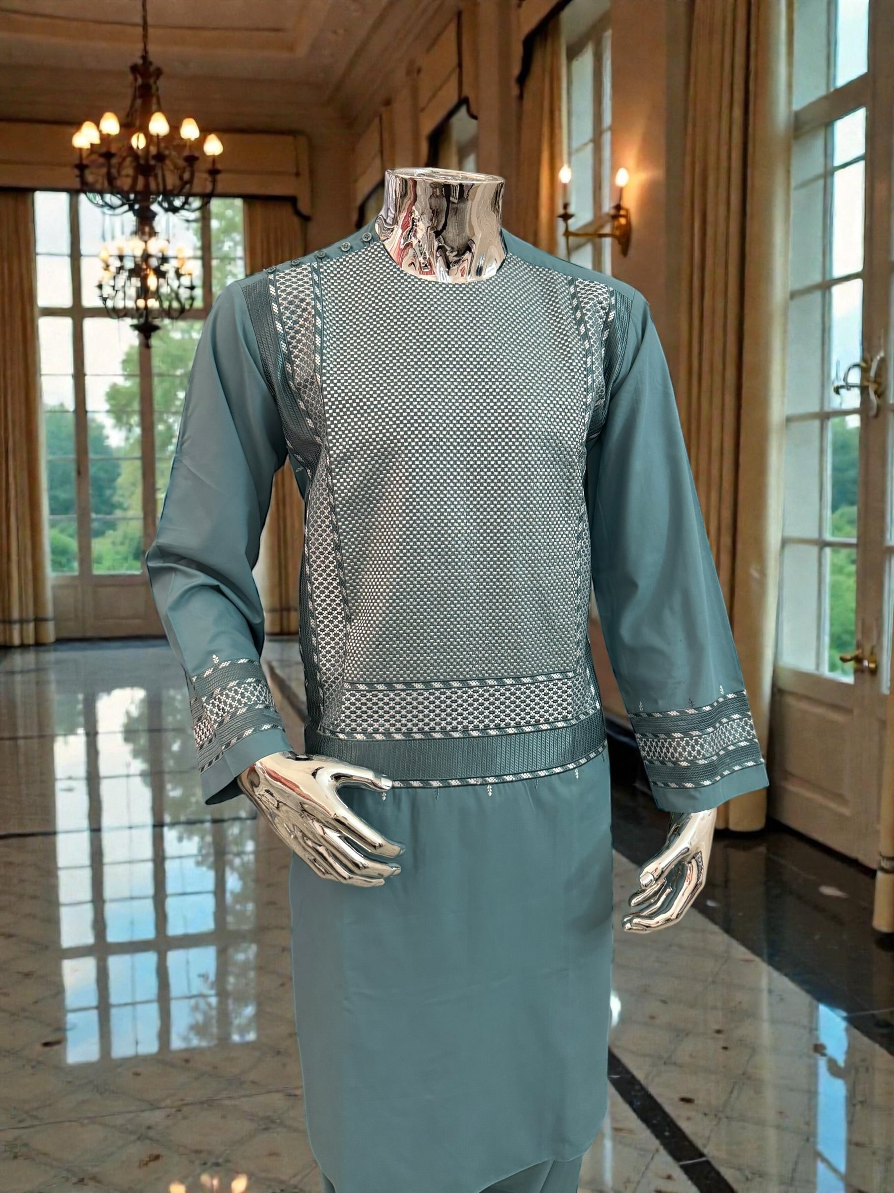 Men’s Teal Kameez with White and Teal Machine Embroidery – Medium Size | Premium Afghan Traditional Wear