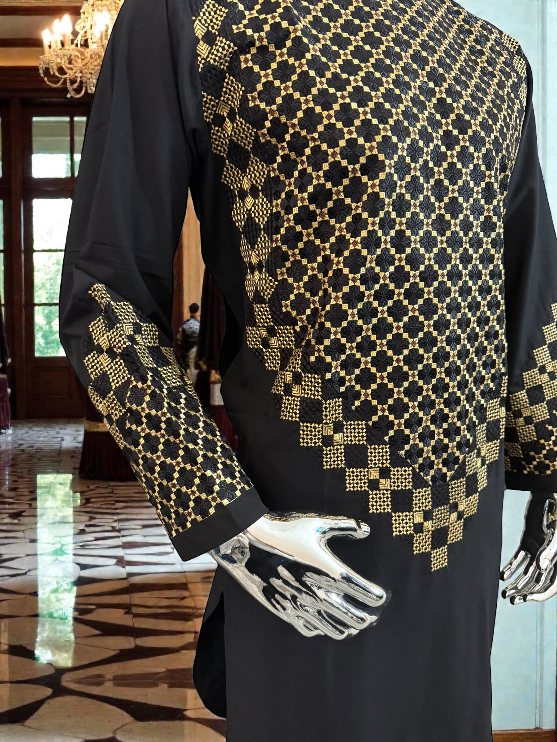 Small Black Afghan Kameez with Gold & Black Embroidery | Premium Traditional Men’s Outfit