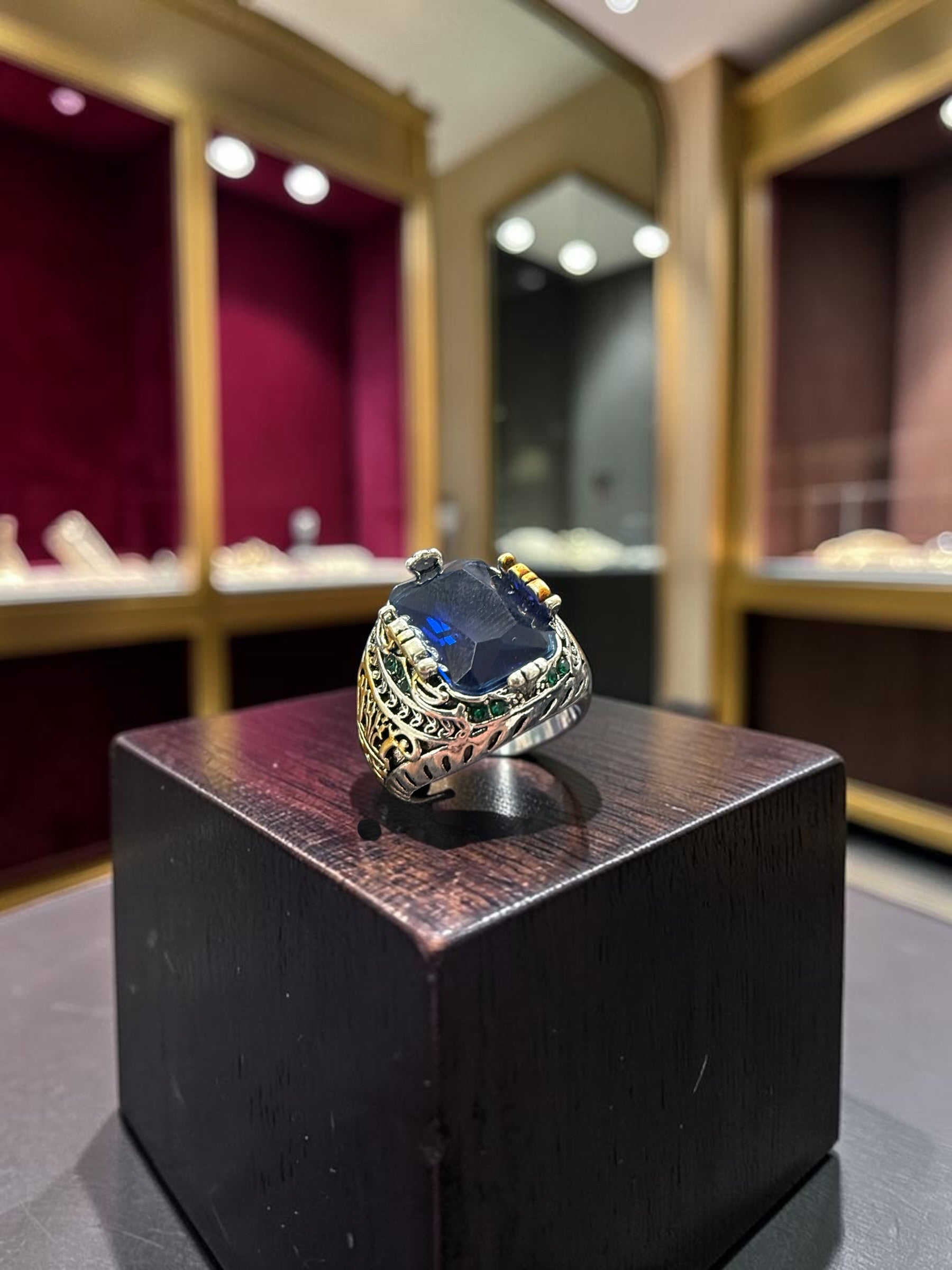 Vintage Turkish Inspired Signet Ring with Cubic Zirconia Stone – Silver Plated Two-Tone Men’s & Unisex Statement Ring – Available in Black, Green, Red, Gold, Navy & Blue