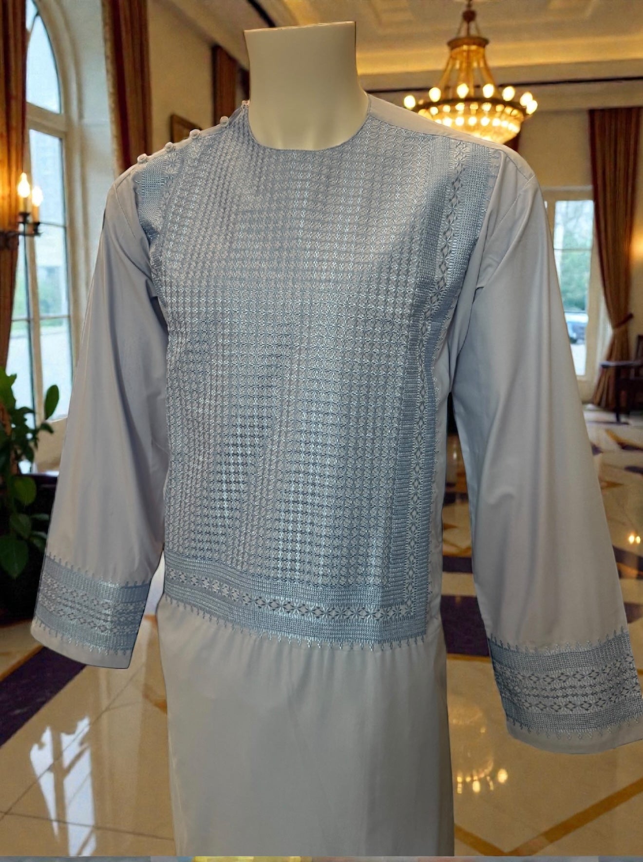 Large Afghan Parahan Tunban for Men – Light Blue Machine Embroidery