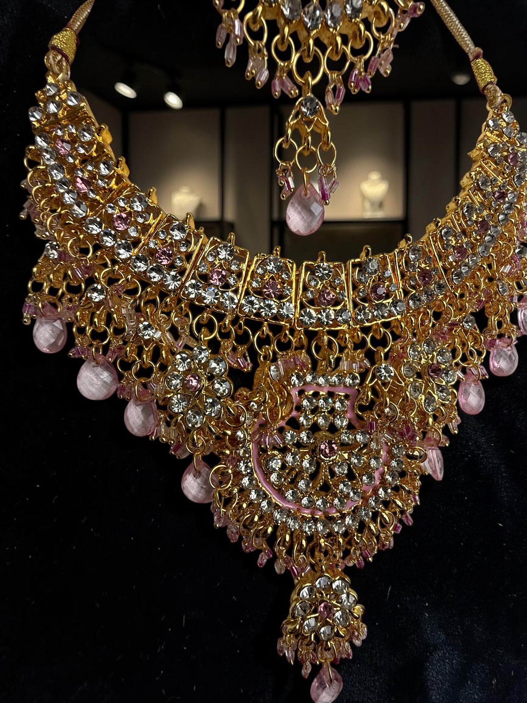 Pink Indian Pakistani Afghan Bridal Jewelry Set with Earrings & Maang Tikka | Gold Tone Crystal Rhinestone Necklace Set | Gift Box Included 7012