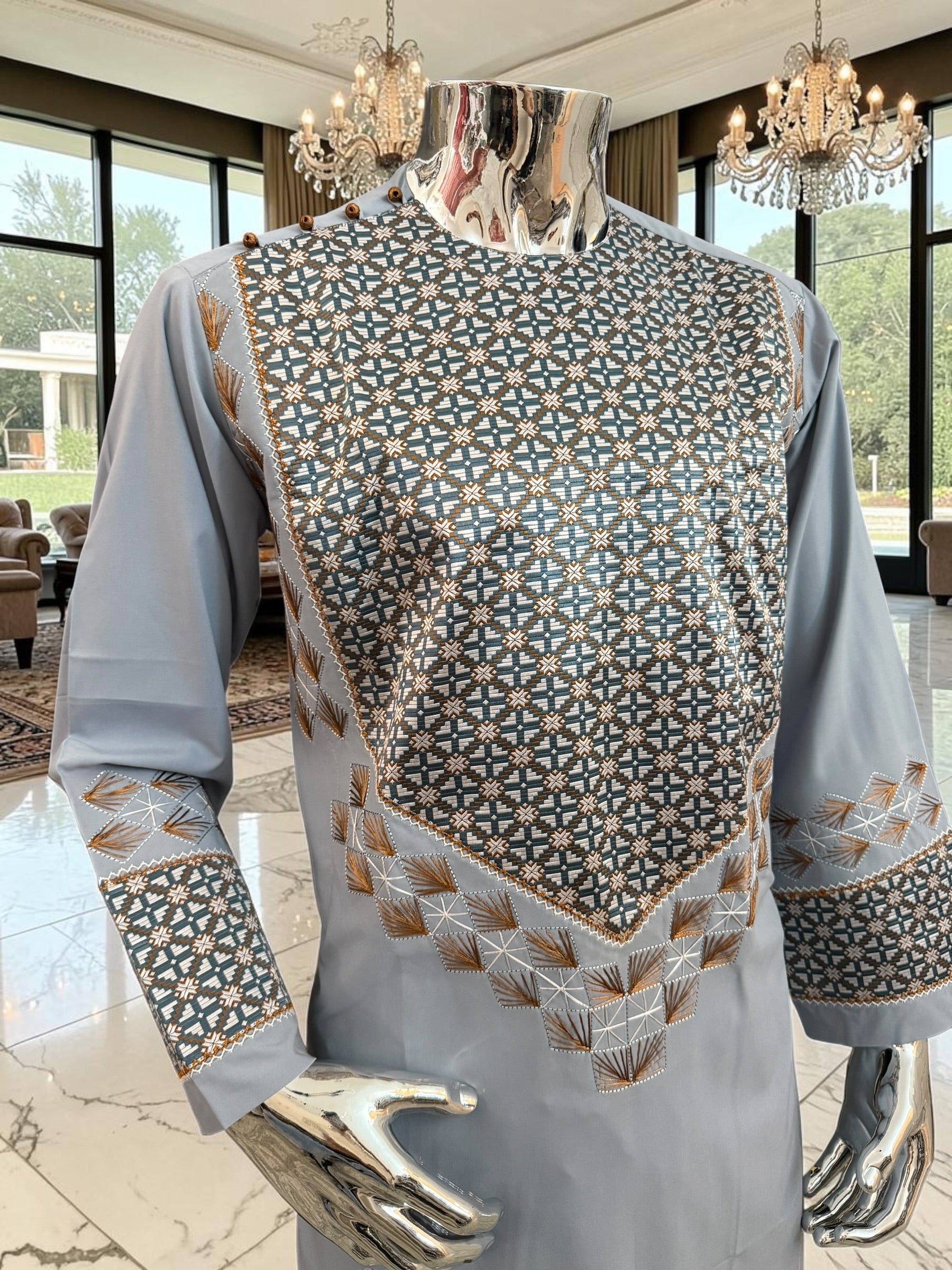 Medium Silver Gray Hand Embroidered Afghan Parahan Tunban Set with Matching Chadder