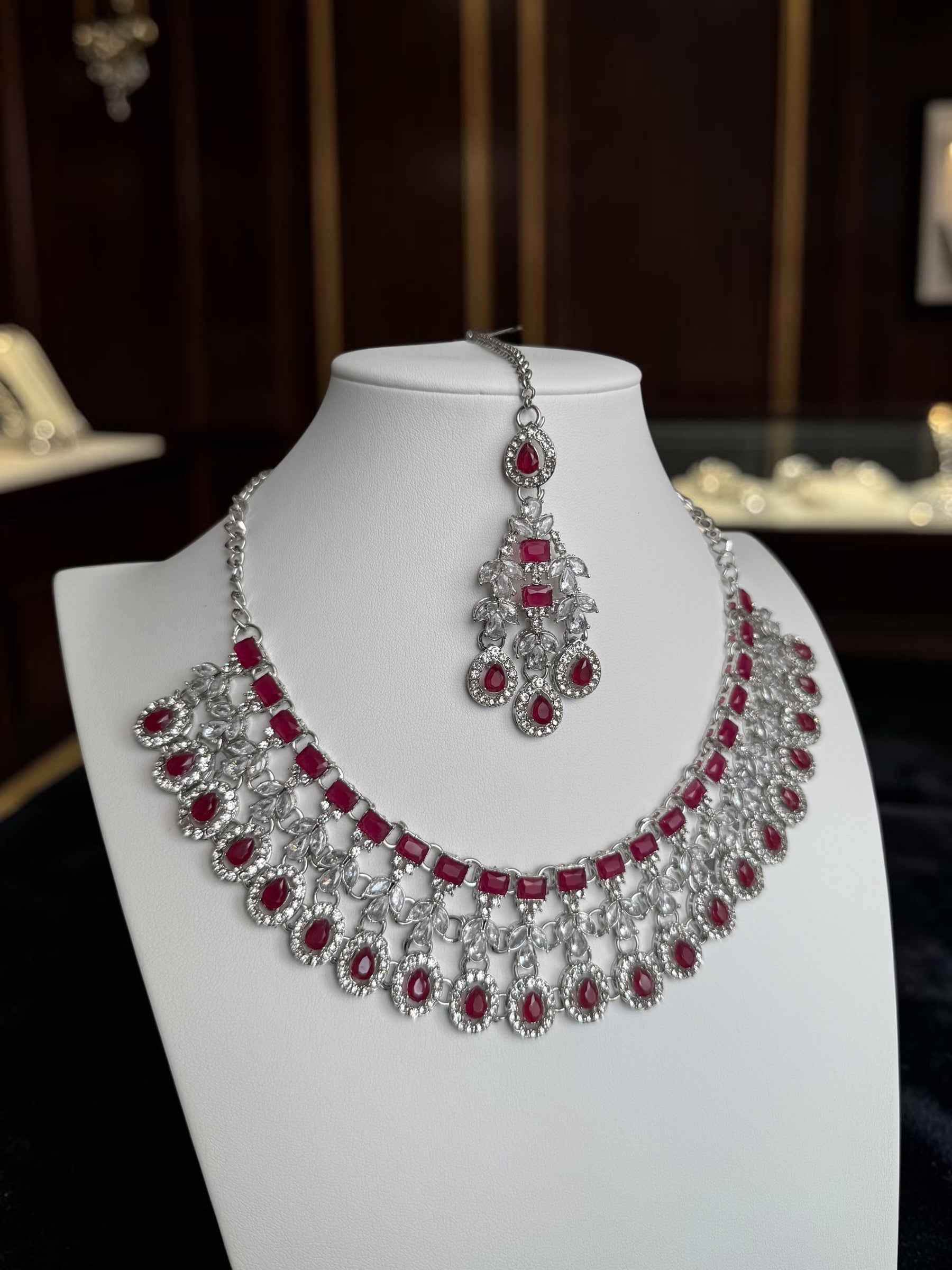 Luxury Ruby Red American Diamond Bridal Jewelry Set with Maang Tikka | Premium Brass Statement Necklace & Earrings Gift Box Included 6038