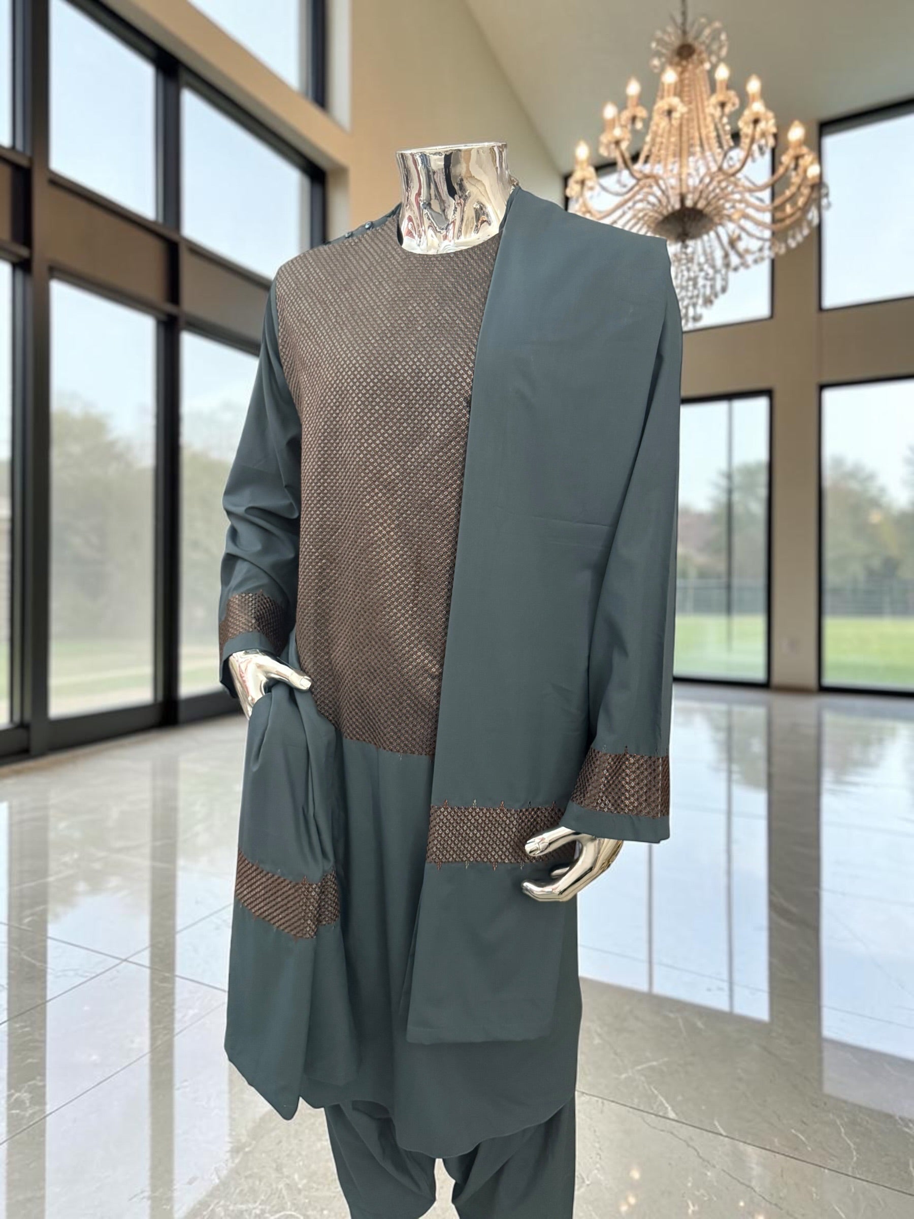 X-Large Men’s Slate Teal & Bronze Embroidered 3-Piece Parahan Tunban with Matching Tunban & Shawl | Afghan Traditional Outfit 7222