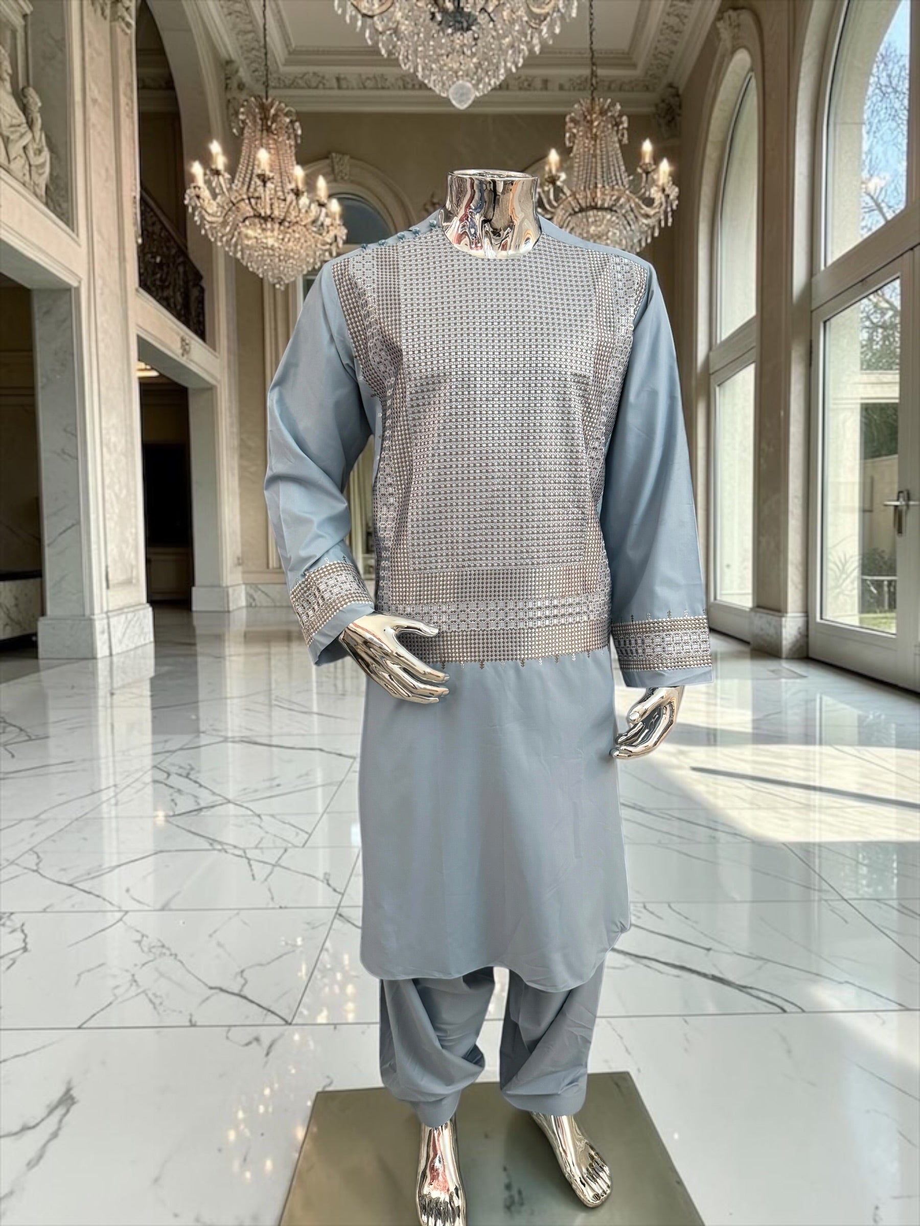Large Men’s Light Blue Afghan Parahan Tunban with Khamakdozi-Inspired Machine Embroidery 7201