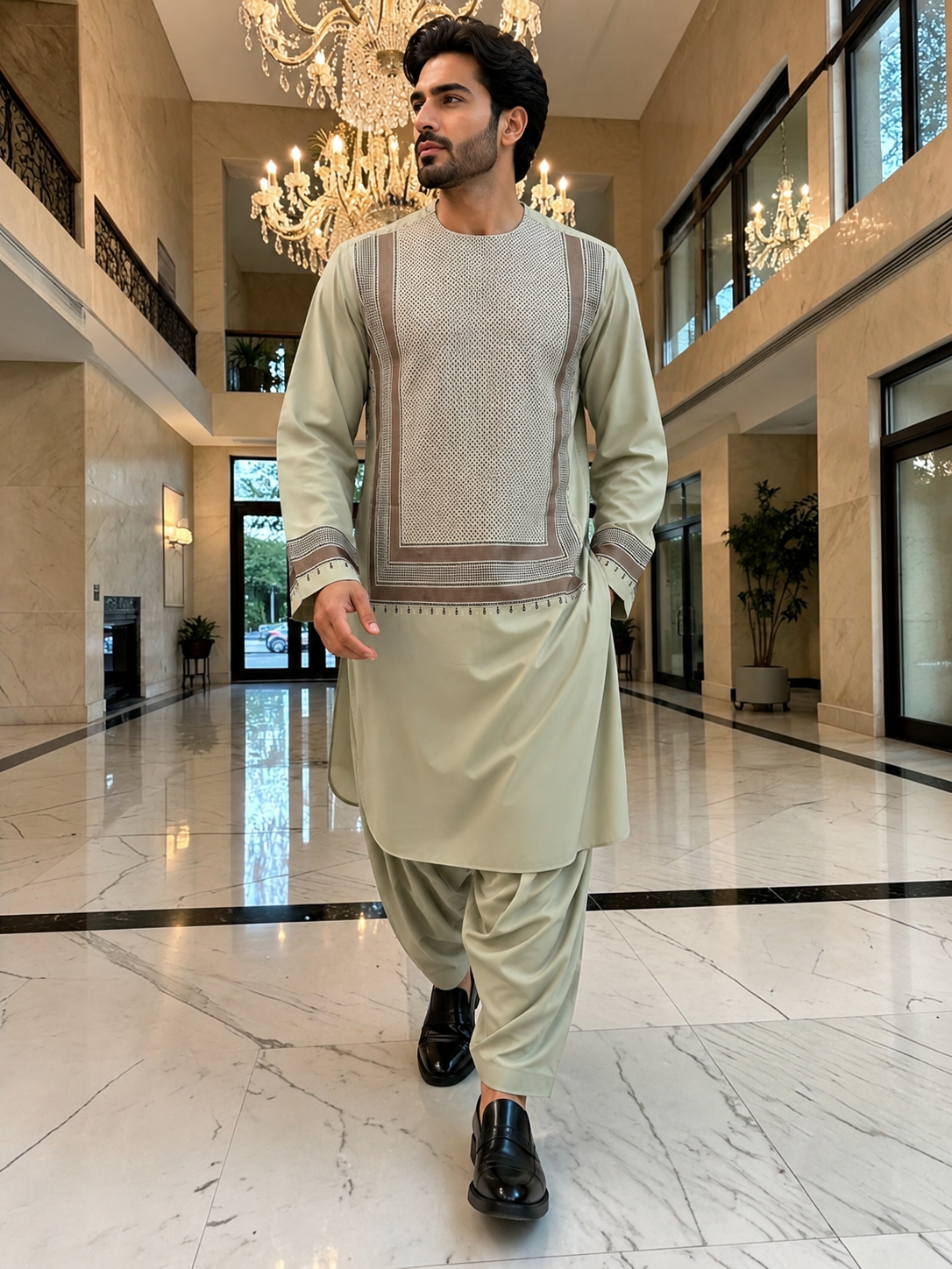 Medium Sage Green Parahan Tunban with Brown Embroidery | Premium Afghan Traditional Wear