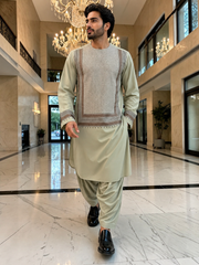 Medium Sage Green Parahan Tunban with Brown Embroidery | Premium Afghan Traditional Wear
