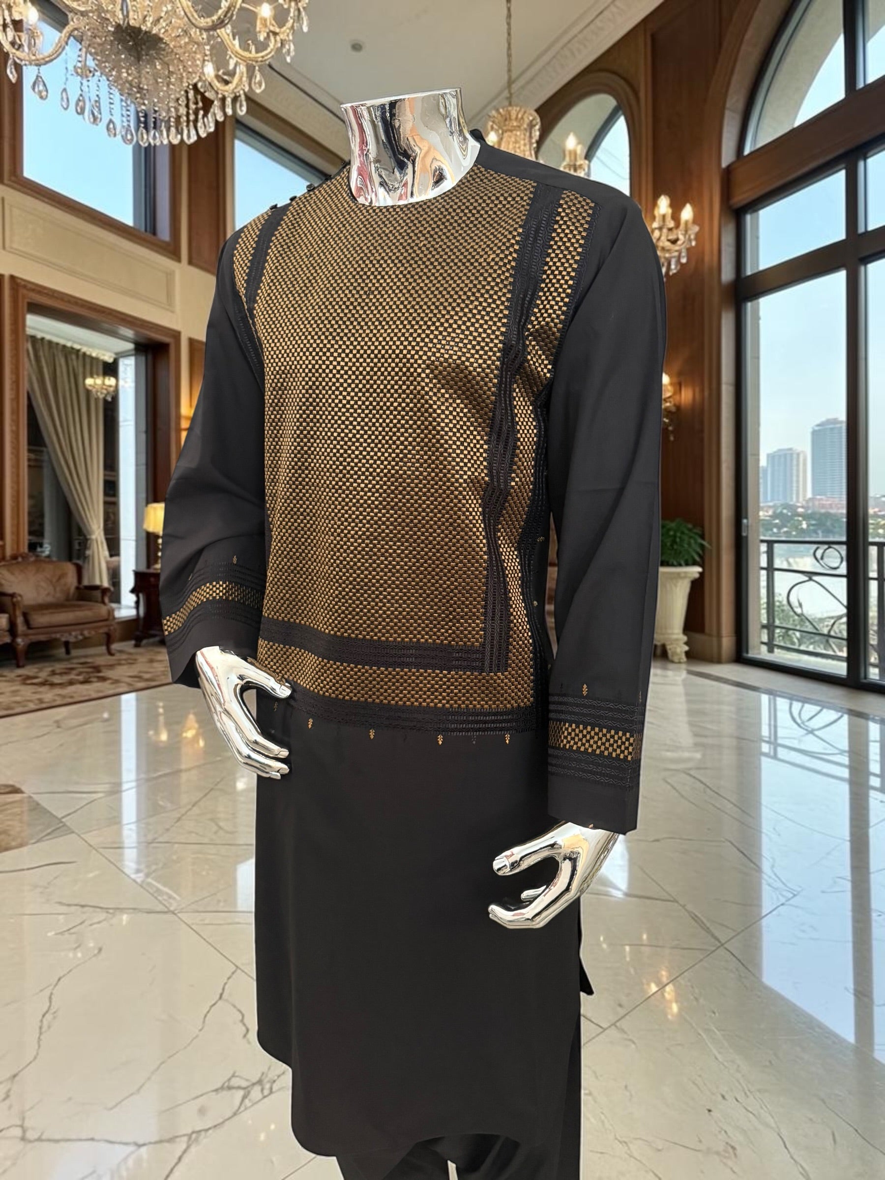 Large Black & Gold Afghan Parahan Tunban Set – Premium Machine Embroidery Traditional Outfit