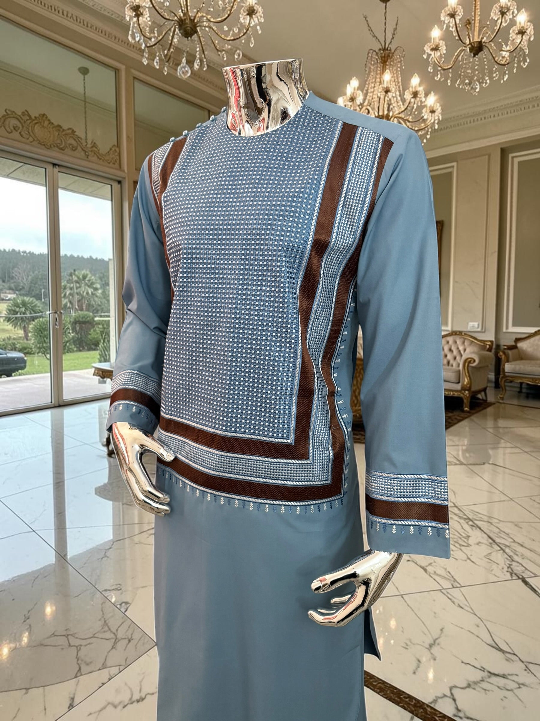 Medium Turquoise Afghan Parahan Tunban with Brown and White Premium Machine Embroidery for Boys/Men