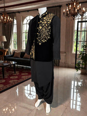 Medium Black Velvet Waistcoat – Heavy Handmade Gold Zari & Dabka Embroidery | Luxury Wedding Vestcoat Medium