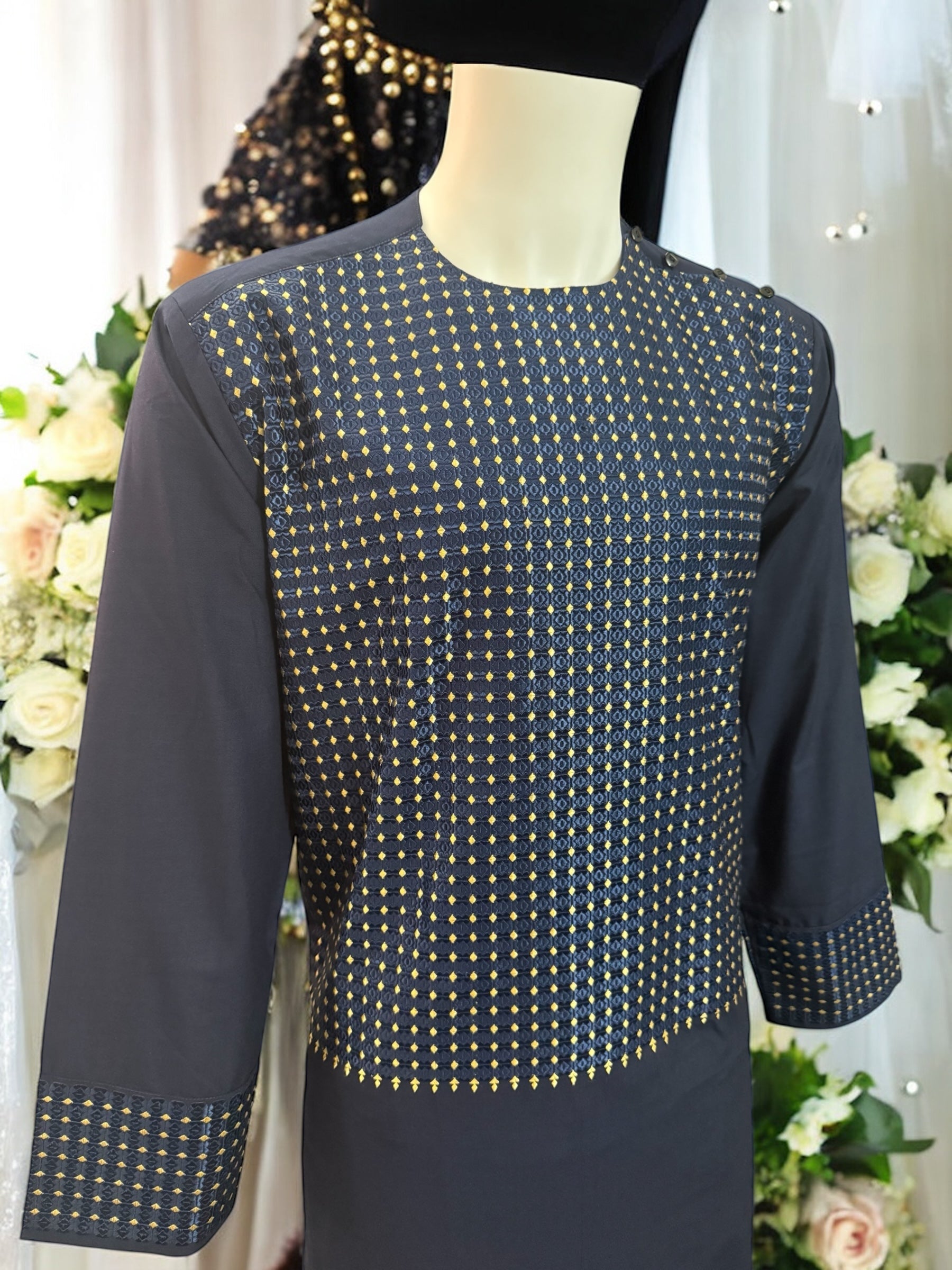 Afghan Parahan Tunban for Men Machine Embroidered Navy Gold Traditional Wear Medium