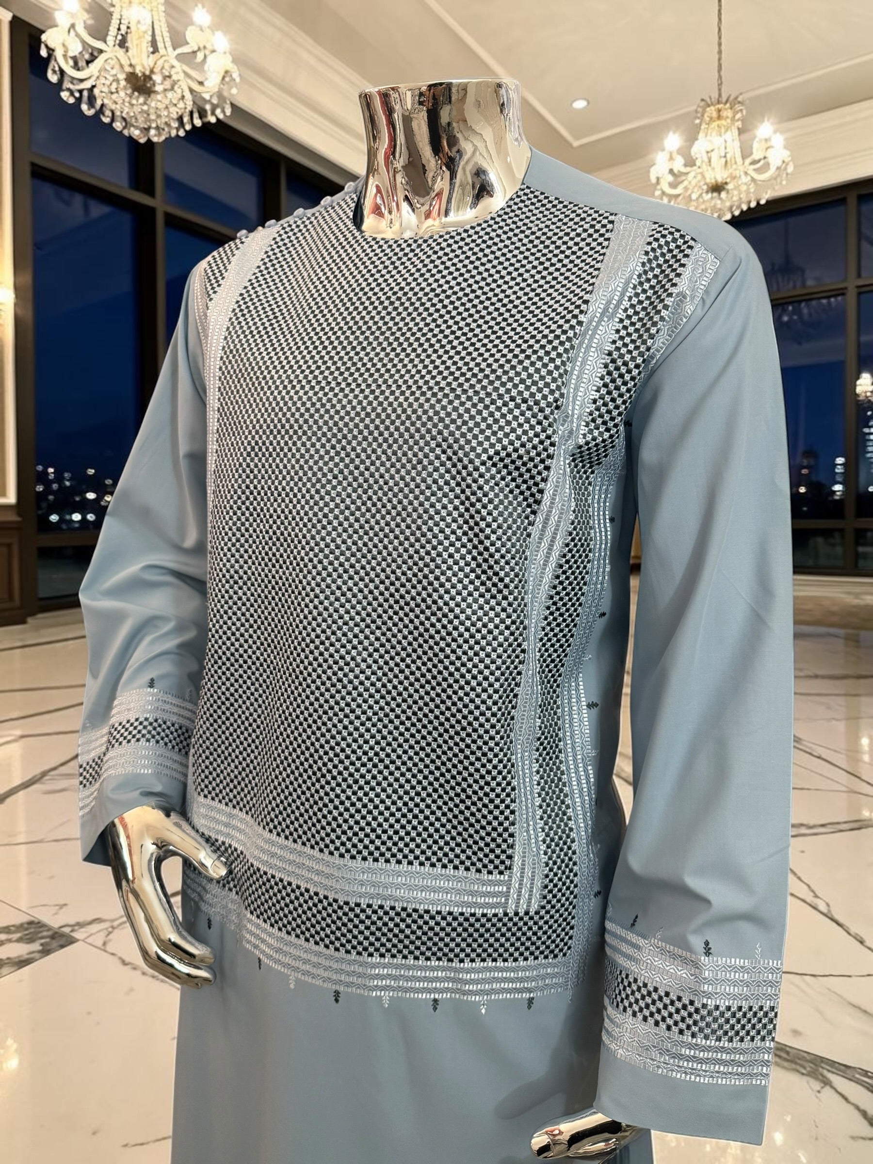 X-Large Sky Blue Kandahari Parahan Tunban for Men | Premium Afghan Traditional Wear
