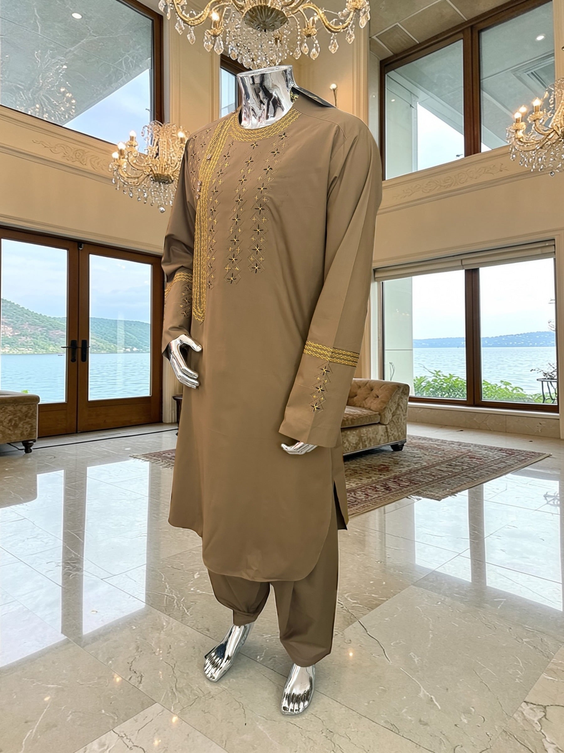 Medium Afghan Parahan Tunban Kameese Shalwar Brown Hand Embroidery