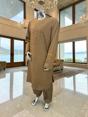 Medium Afghan Parahan Tunban Kameese Shalwar Brown Hand Embroidery