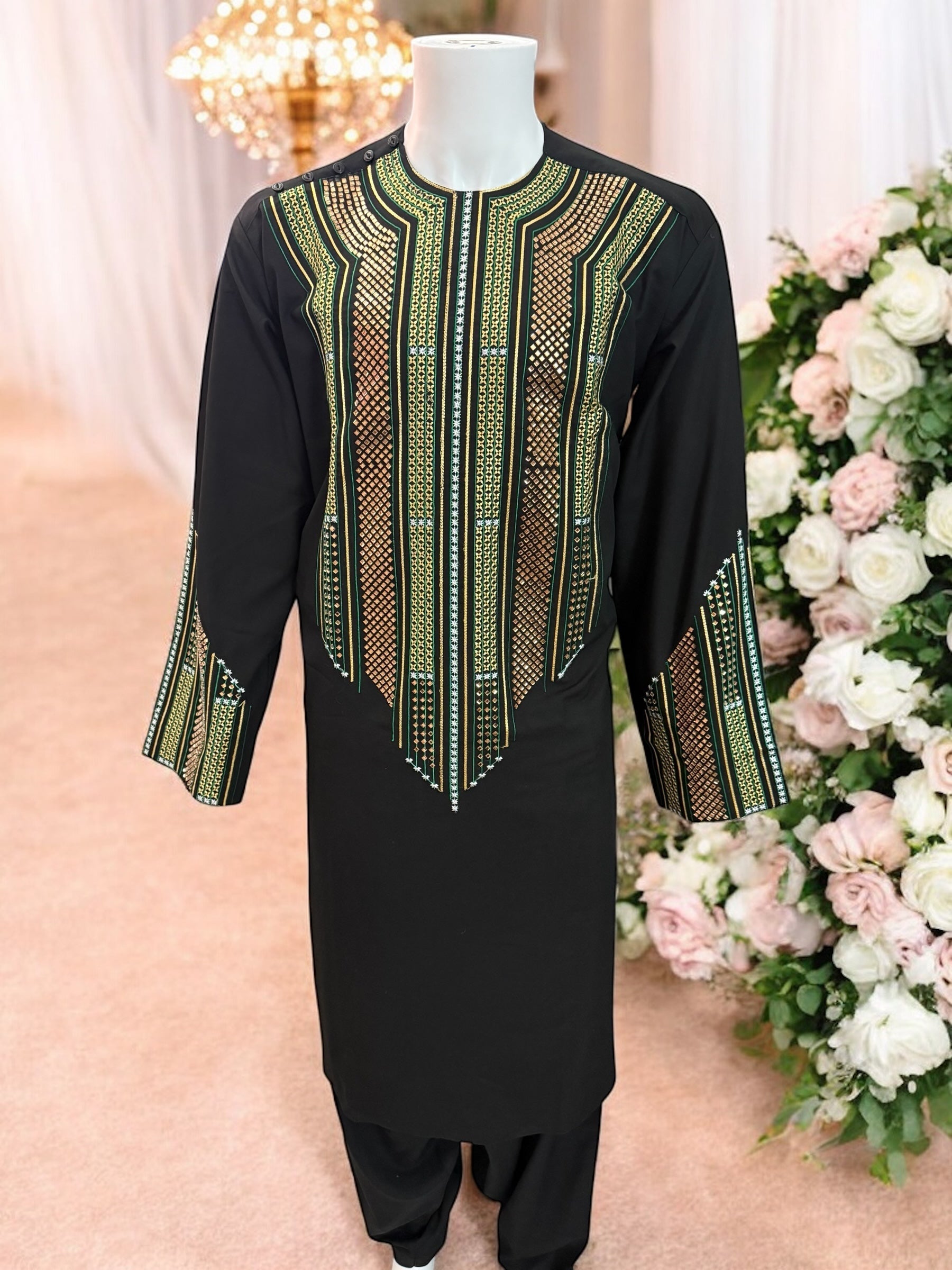Afghan Parahan Tunban for Men Black Gold and Green Shesha Mirror Work Machine Embroidered Large