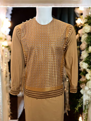 Afghan Parahan Tunban for Men Machine Embroidered Beige Gold Traditional Wear Medium