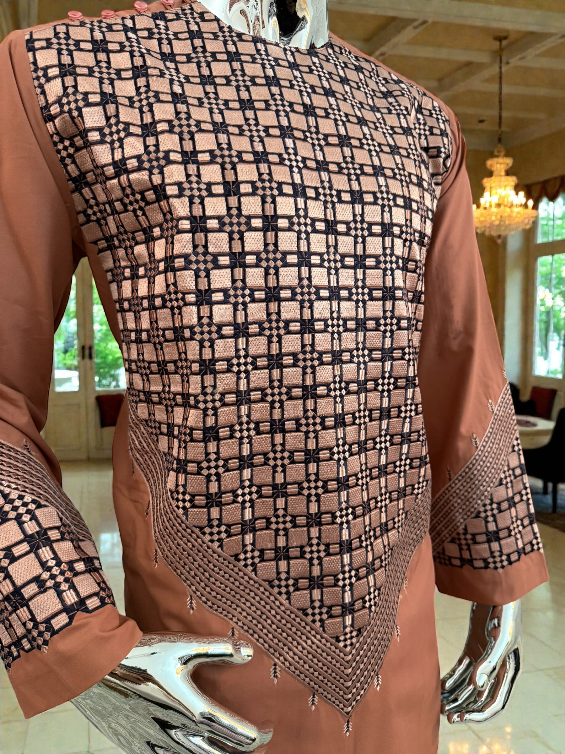 Small Men’s Caramel Brown Parahan Tumban with White & Tan Embroidery | Luxury Afghan Outfit with Matching Shawl