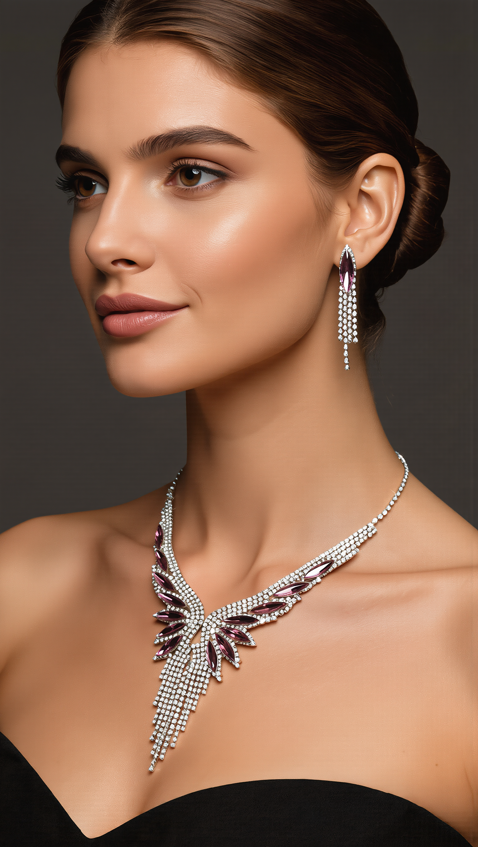 Crystal Rhinestone Statement Necklace & Earrings Set – Silver-Tone Leaf Design with Tassel, 7 Color Options, Jewelry Box Included