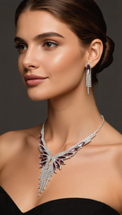 Crystal Rhinestone Statement Necklace & Earrings Set – Silver-Tone Leaf Design with Tassel, 7 Color Options, Jewelry Box Included