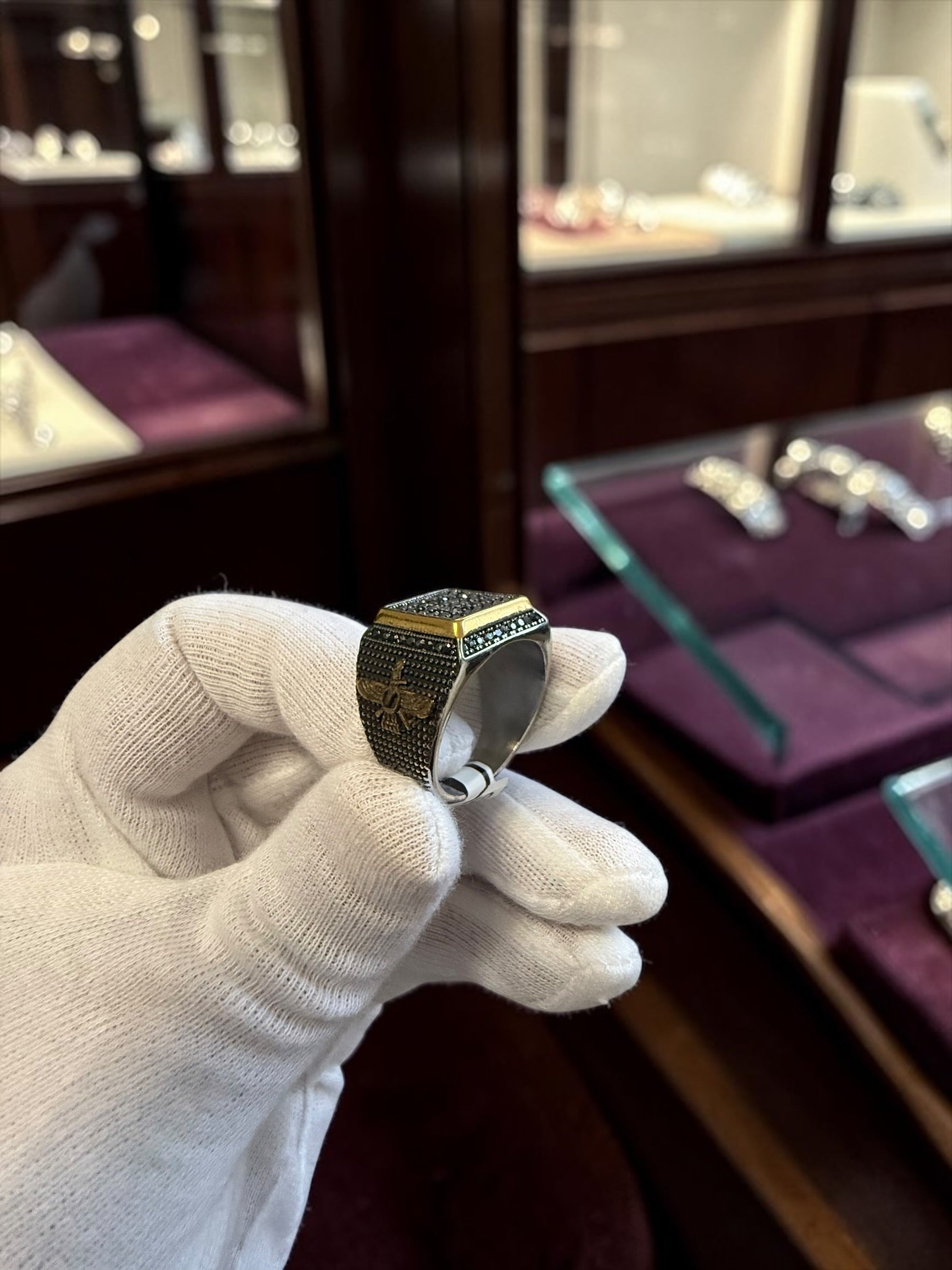 Luxury Persian Faravahar Signet Ring – Black Zircon Stainless Steel Ring – Gold & Silver Plated Vintage Zoroastrian Symbol Ring for Men & Women