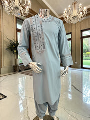 Small Men’s Hand Embroidered Afghan Parahan Tunban Set with Matching Shawl – Soft Silver green  Traditional Outfit