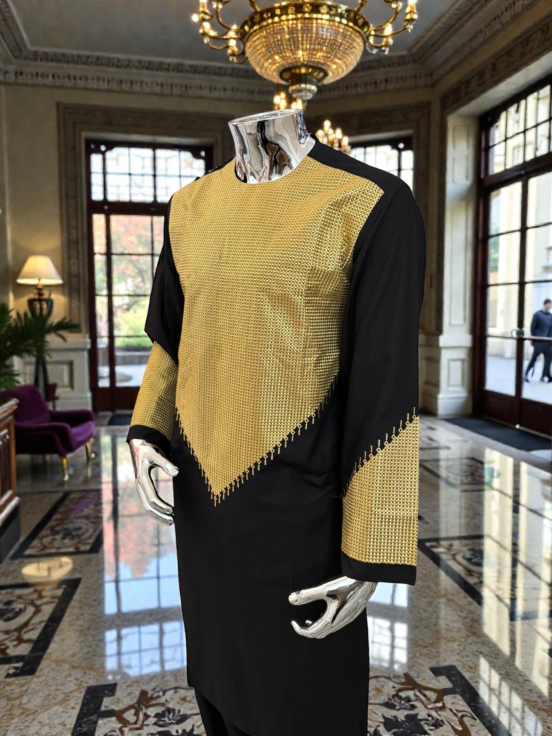 Men’s Black Parahan Tumban with Gold Embroidery & Matching Shawl | Afghan Traditional Outfit Large to X-Large