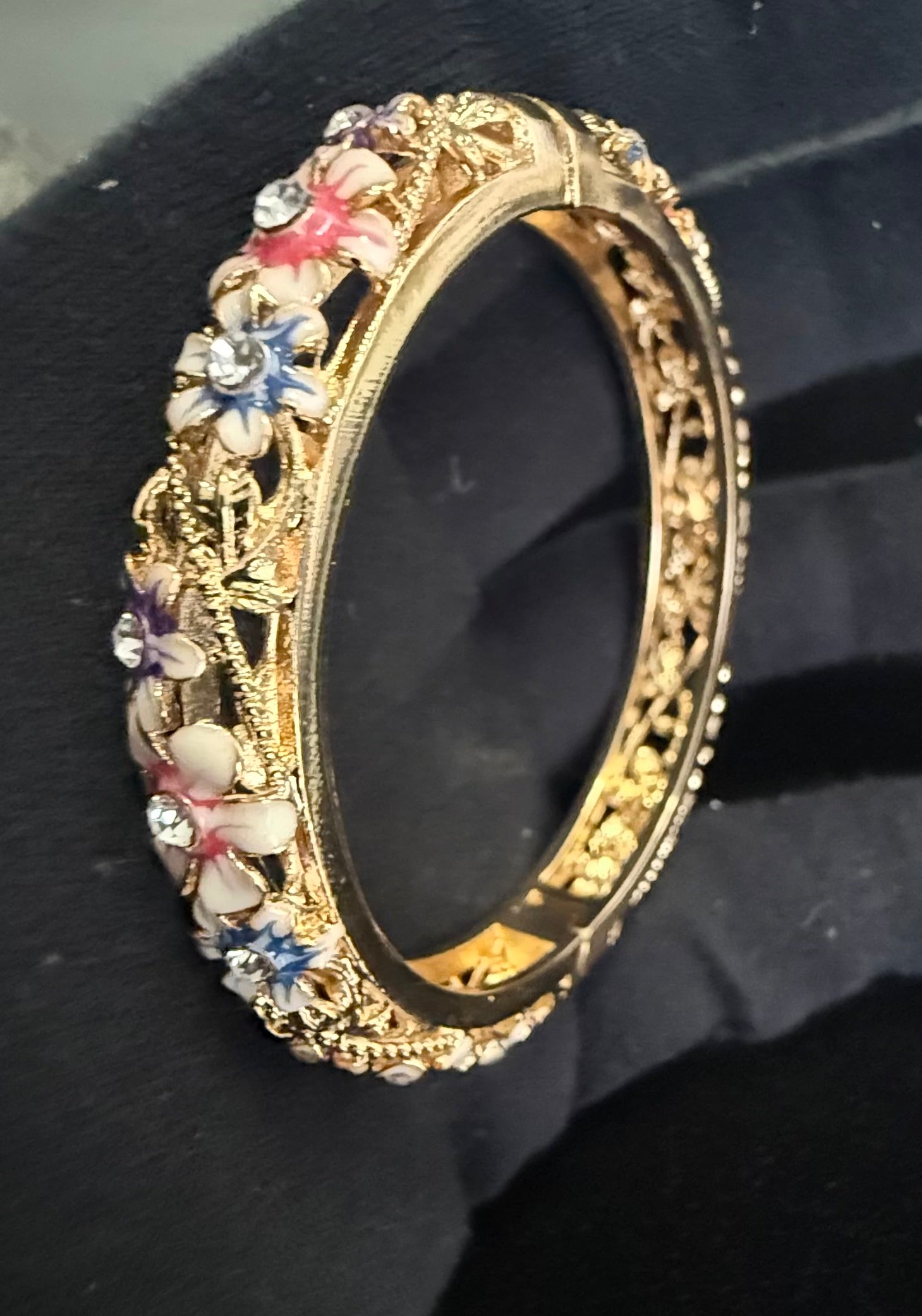 Gold-Tone Floral Enamel Openable Bangle Bracelet for Women