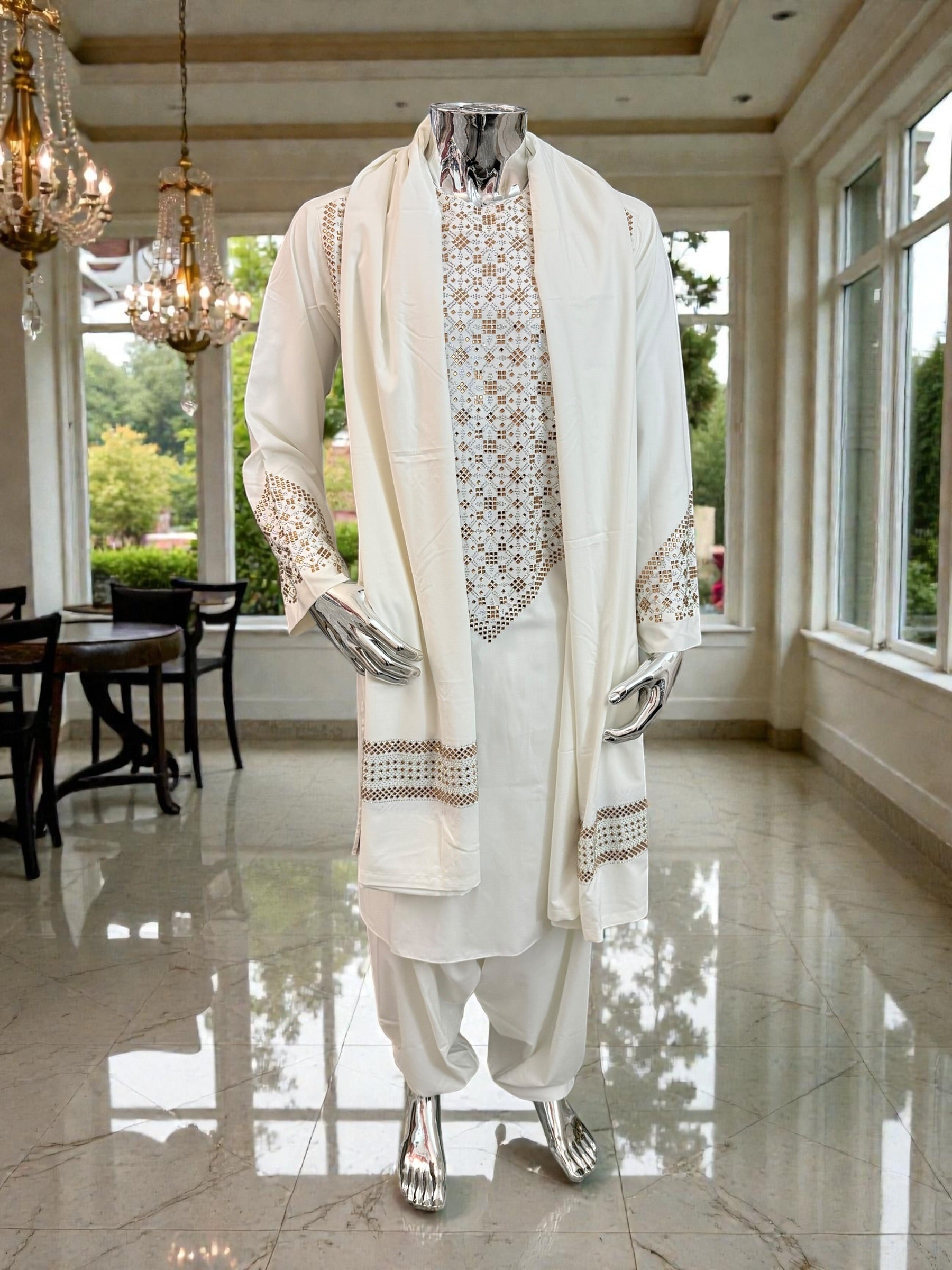 XL Off-White Afghan Kameez 3-Piece Set with Gold Shesha Work | Traditional Men’s Outfit