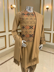 Hand Embroidered Camel Tan Afghan Parahan Tunban with Matching Shawl 5024