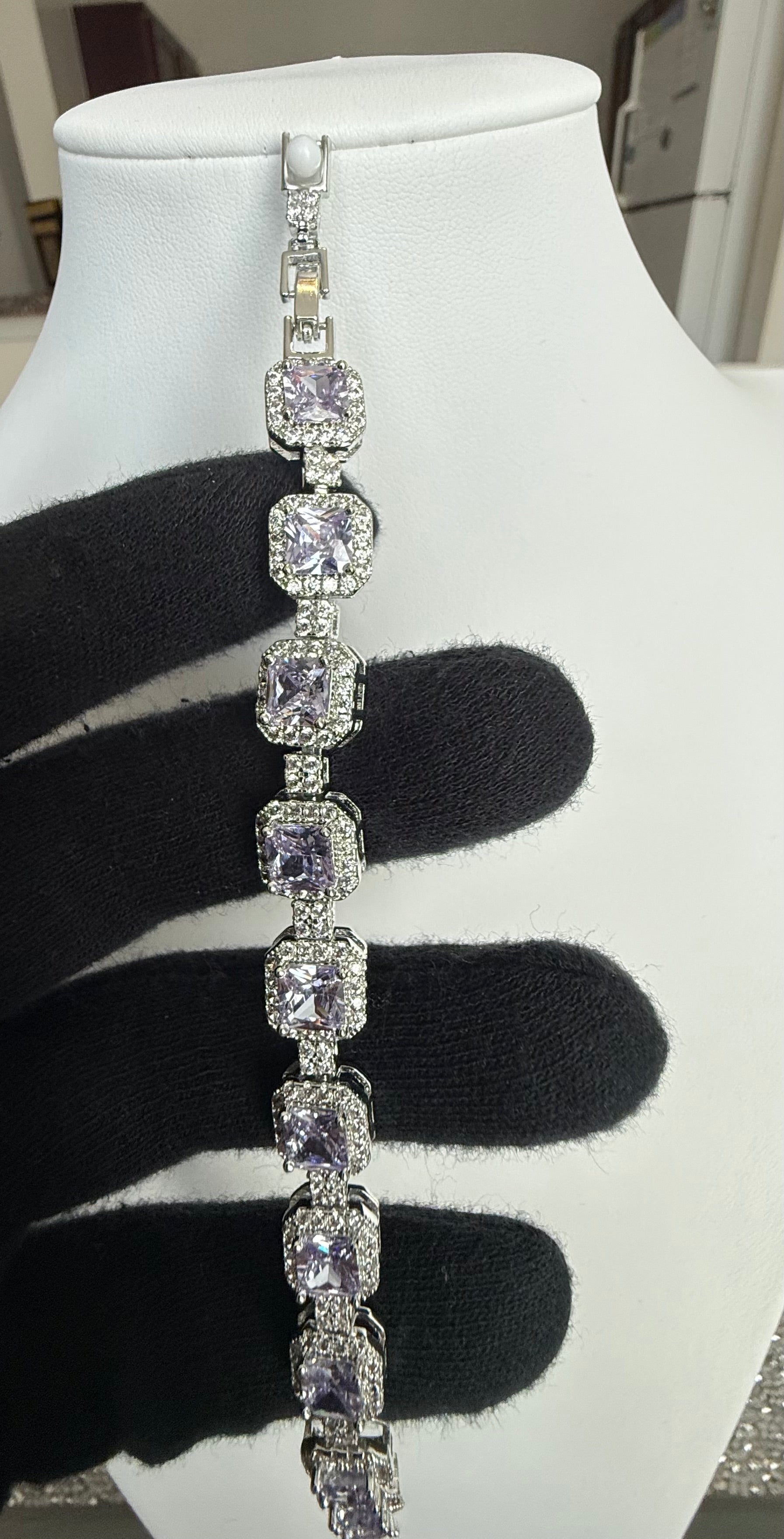 Lavender Purple Cushion-Cut Crystal Halo Tennis Bracelet – Silver Tone Statement Jewelry 7093