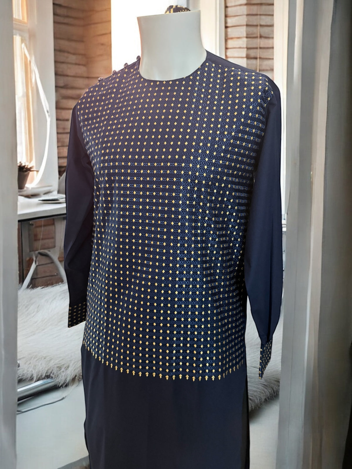Navy Blue Afghan Parahan Tunban for Men with Machine Khamakdozi – X-Small