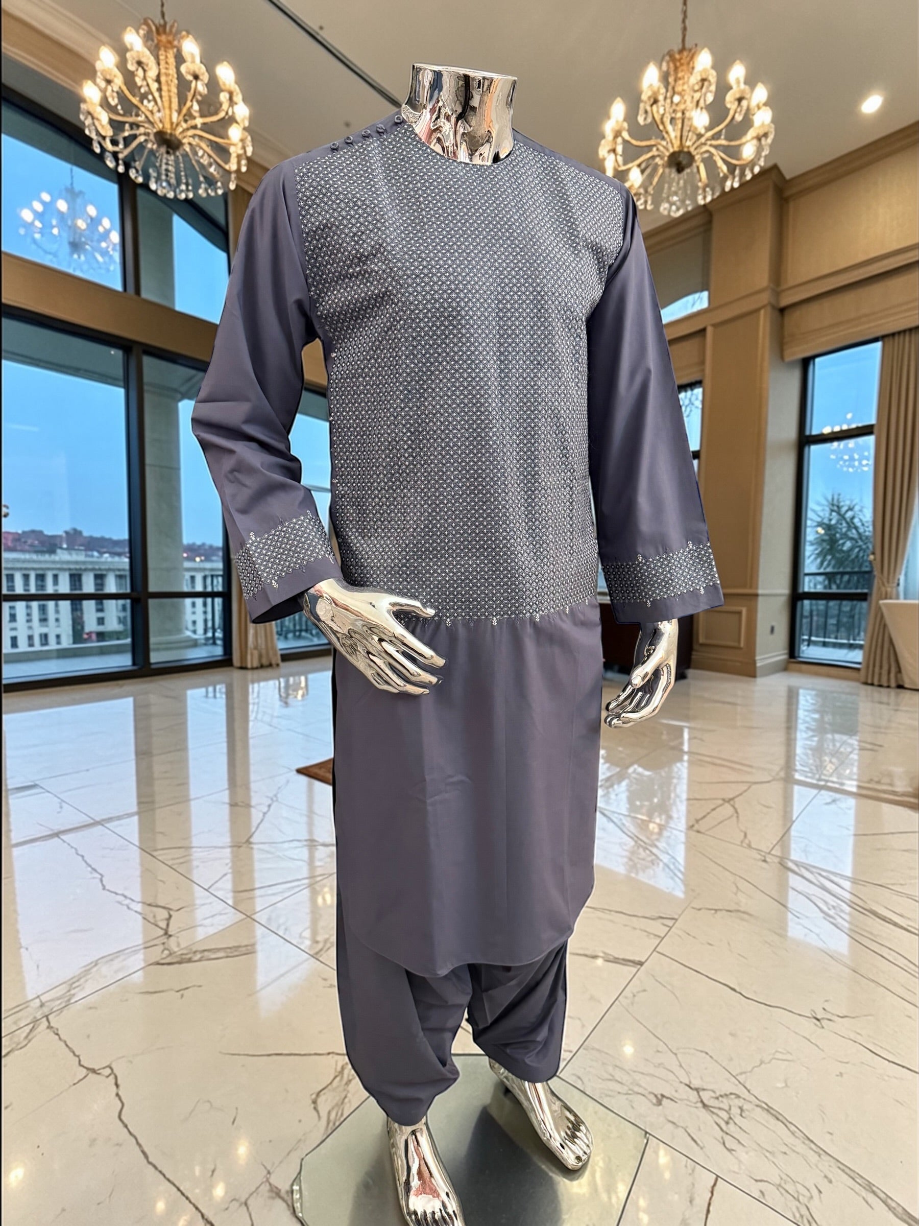 Men’s Grey Parahan Tumban with Matching Machine Embroidery – Traditional Afghan Outfit, Medium