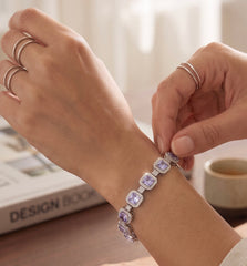 Lavender Purple Cushion-Cut Crystal Halo Tennis Bracelet – Silver Tone Statement Jewelry 7093