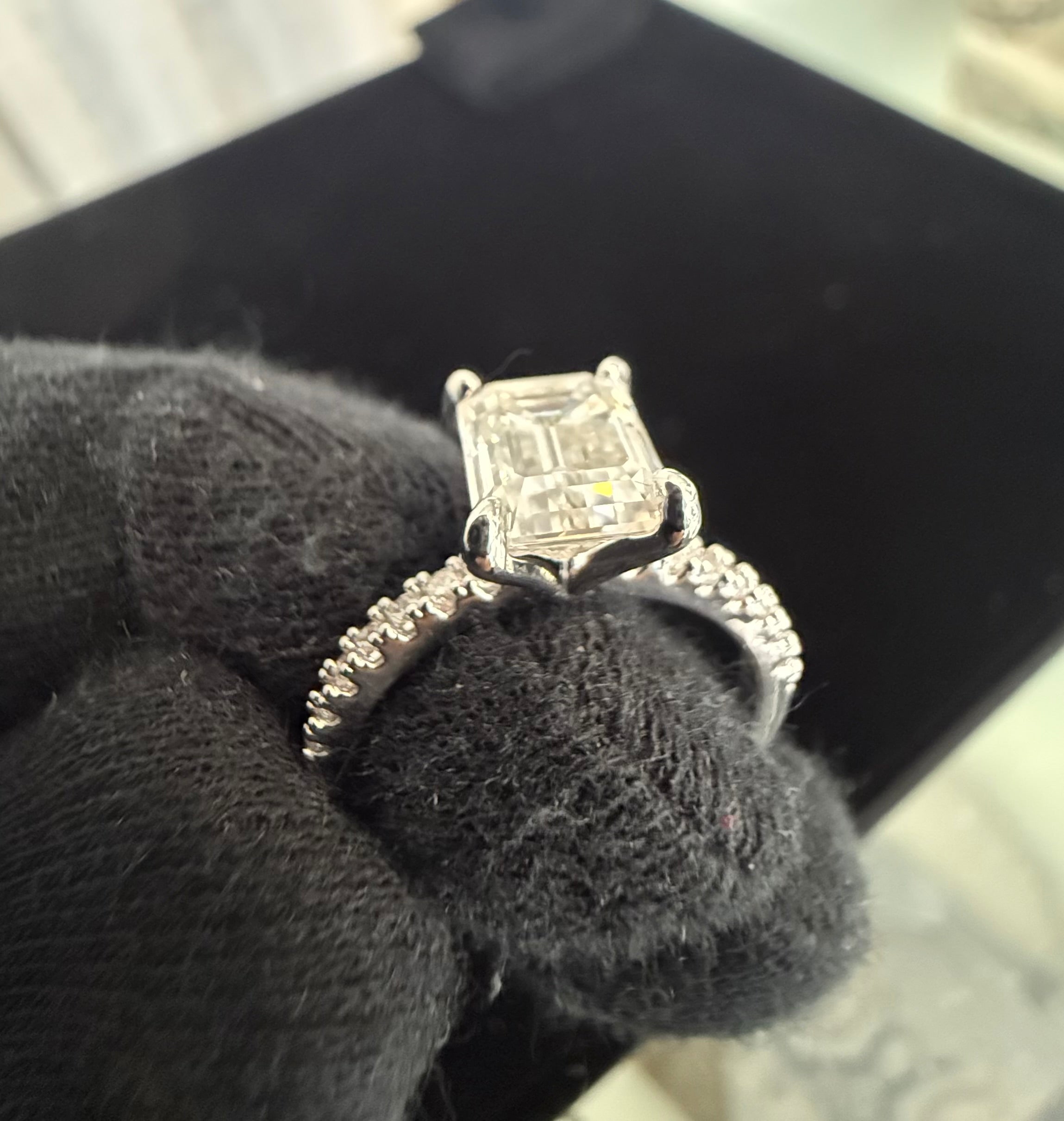 Size 6 Emerald Cut Moissanite Engagement Ring in Sterling Silver – 4 Prong Pavé Band.   6016