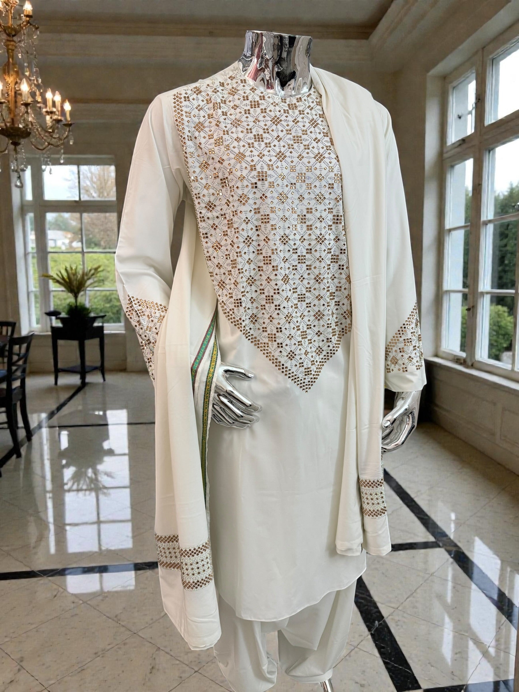 XL Off-White Afghan Kameez 3-Piece Set with Gold Shesha Work | Traditional Men’s Outfit