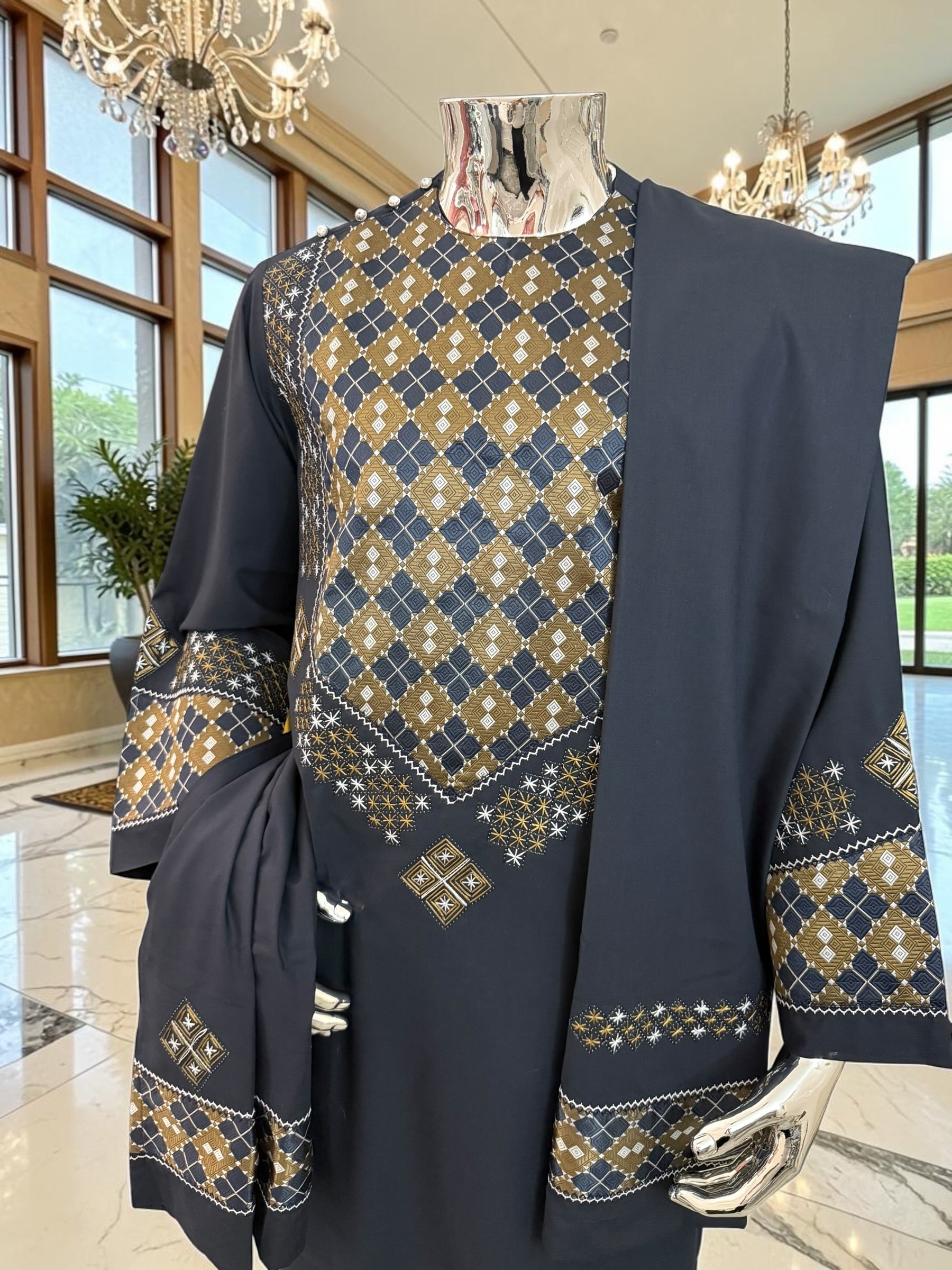 Medium Midnight Blue Afghan Parahan Tunban Set – Premium Hand Embroidery with Matching Shawl patto