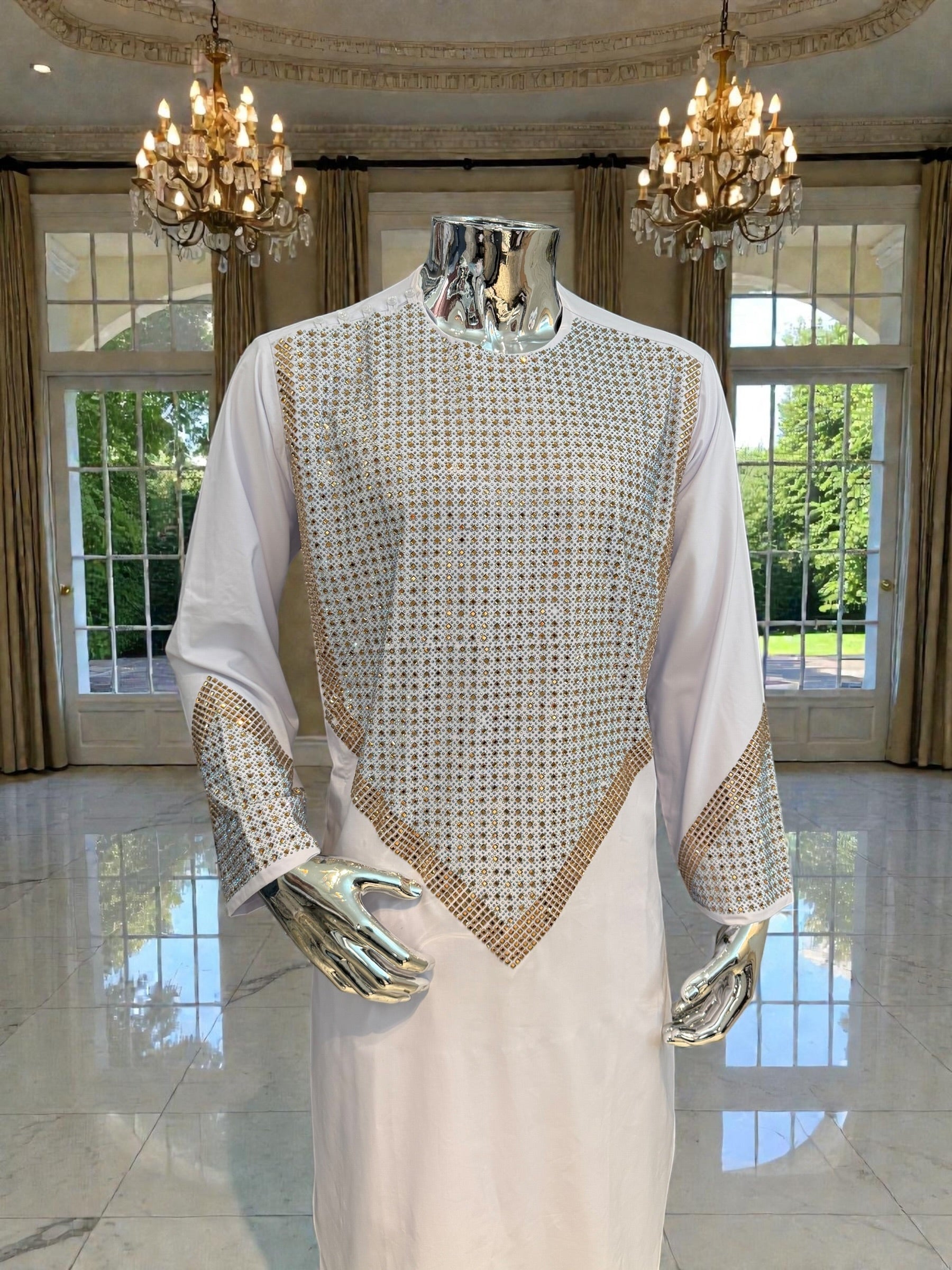 Men’s White Shesha Parahan Tunban Luxury Afghan Outfit with Matching Shawl | Luqmaan Boutique Collection Small