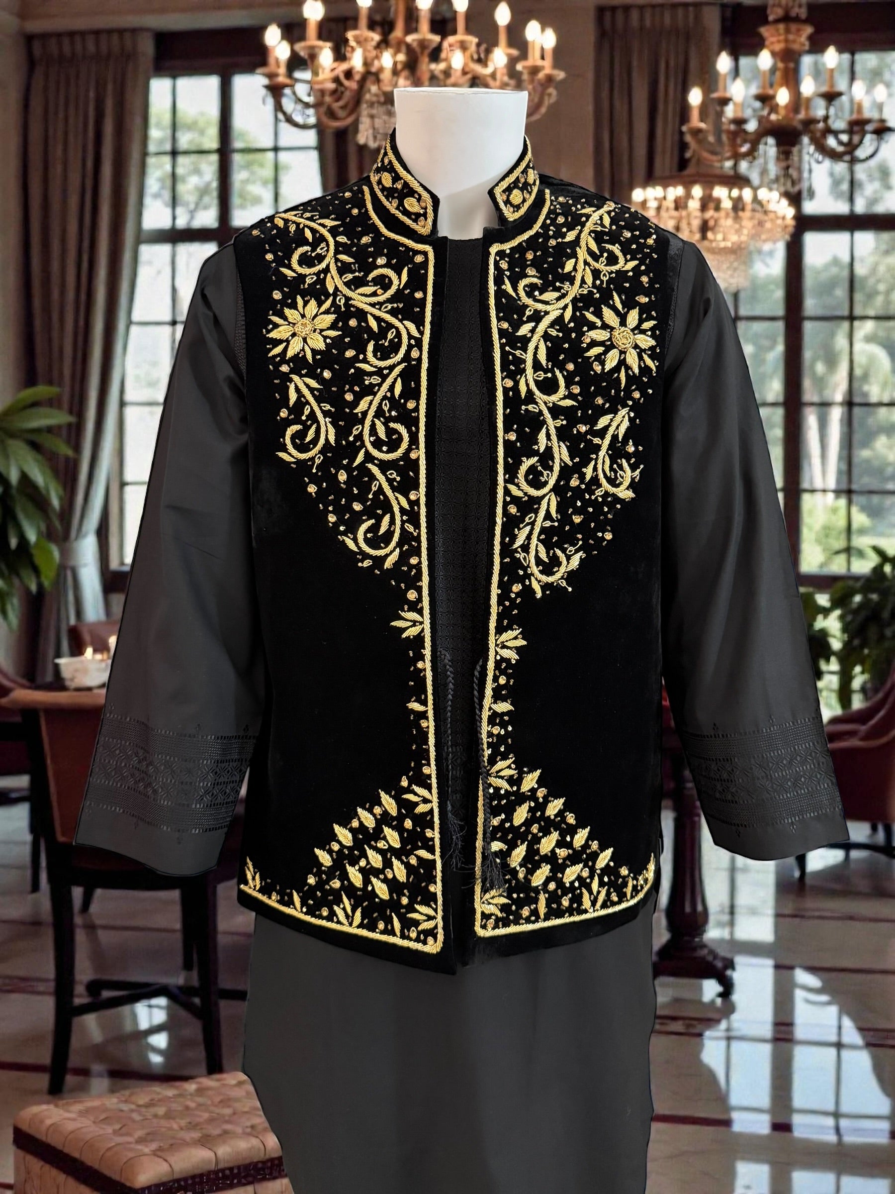 Black Velvet Waistcoat – Heavy Handmade Gold Zari & Dabka Embroidery | Luxury Wedding Medium to Large