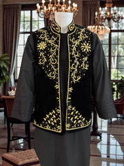 Black Velvet Waistcoat – Heavy Handmade Gold Zari & Dabka Embroidery | Luxury Wedding Medium to Large