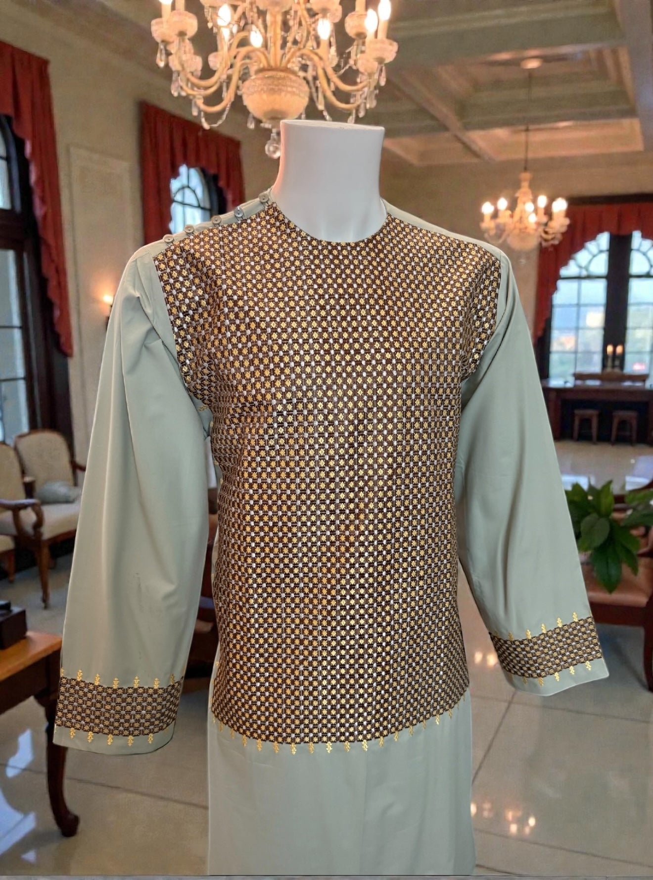 Medium Sage Green Afghan Parahan Tunban for Men with Machine Embroidery