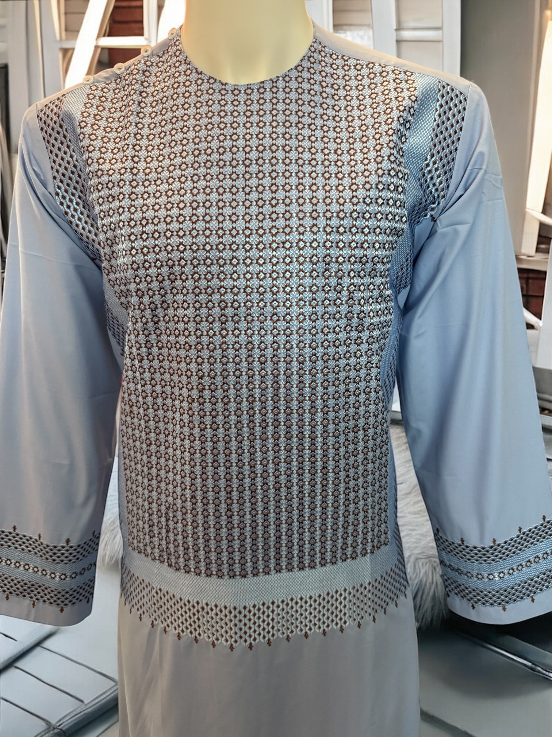 Medium Light Blue Afghan Parahan Tunban for Men with Machine Embroidery