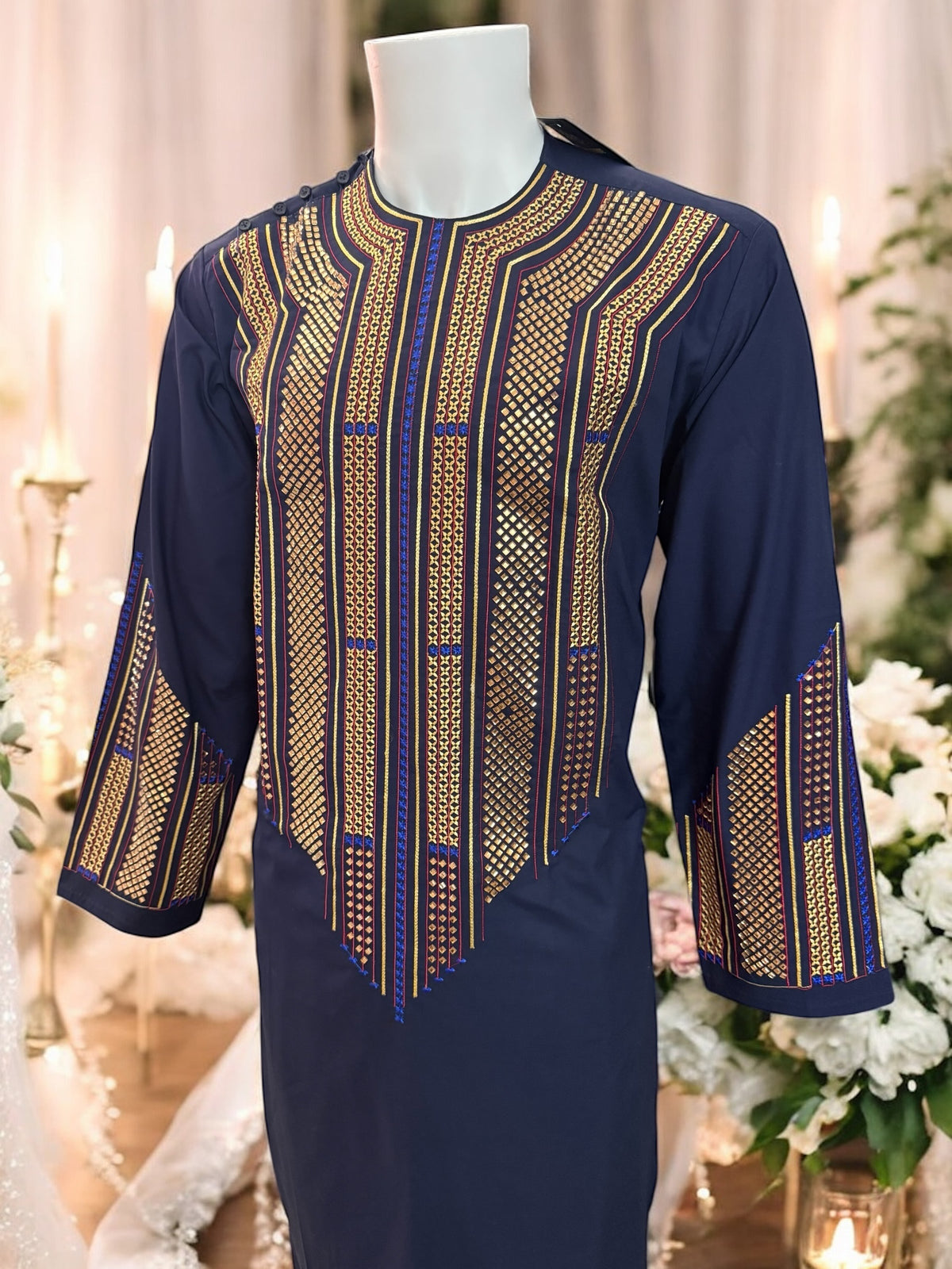 Afghan Parahan Tunban for Men Navy Gold and Blue Shesha Mirror Work Machine Embroidered Medium