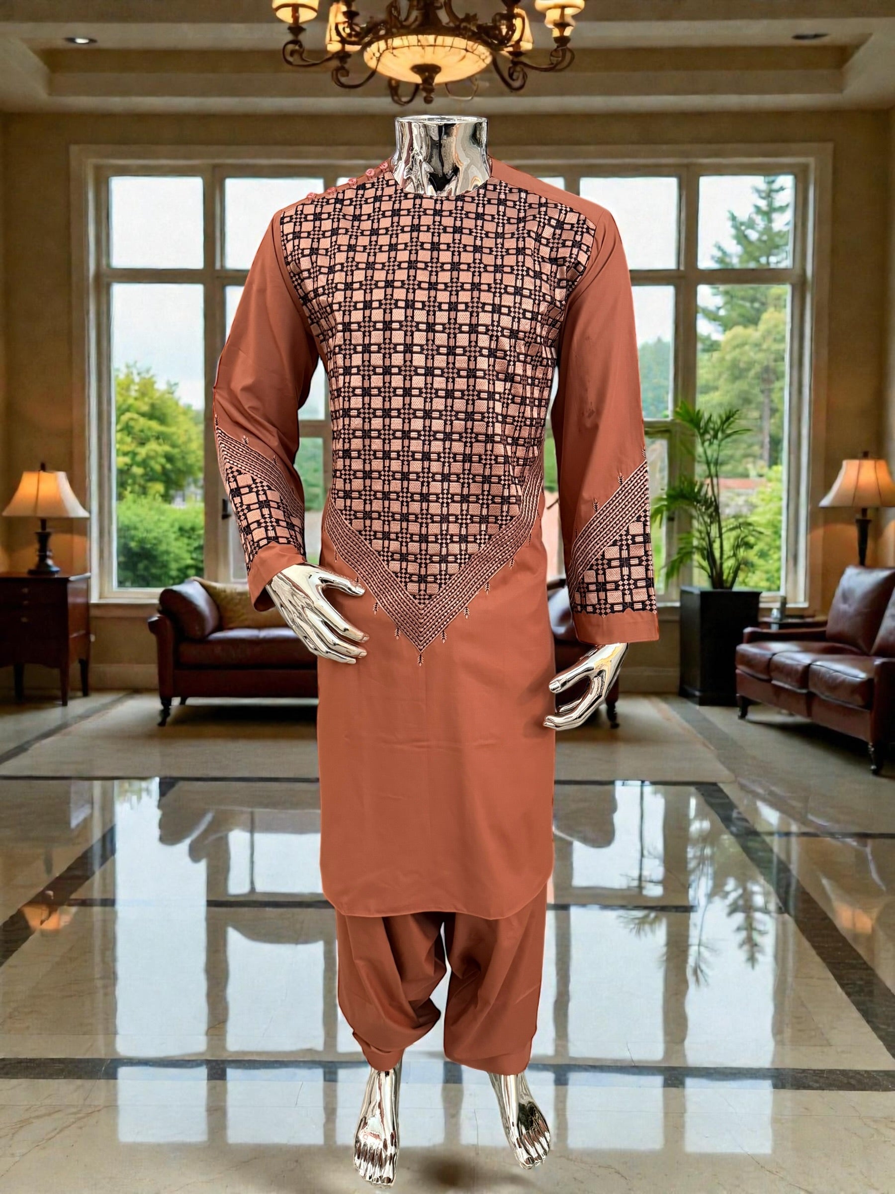 Small Men’s Caramel Brown Parahan Tumban with White & Tan Embroidery | Luxury Afghan Outfit with Matching Shawl