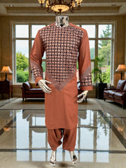 Small Men’s Caramel Brown Parahan Tumban with White & Tan Embroidery | Luxury Afghan Outfit with Matching Shawl